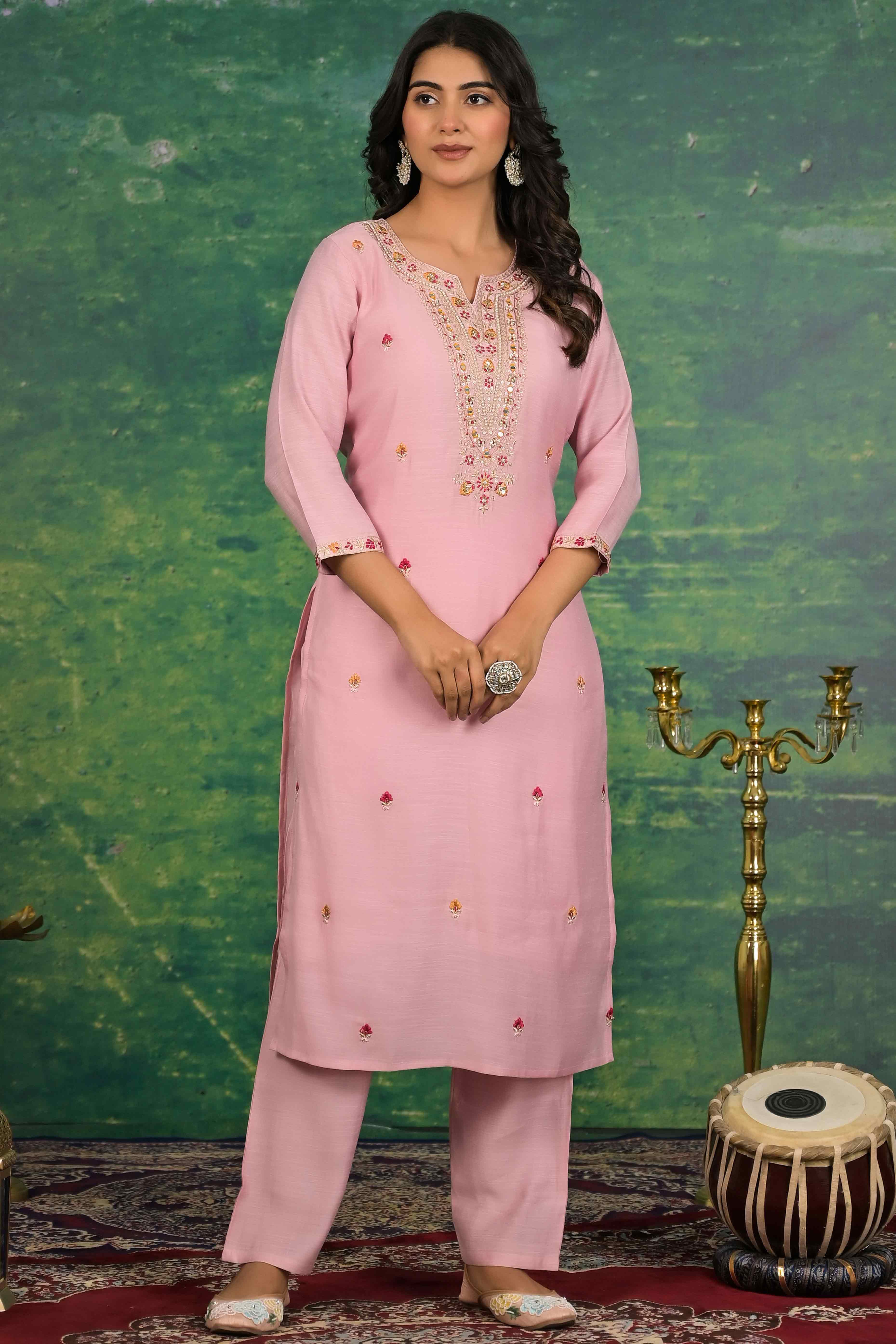 Peach Floral Embroidered Pure Cotton Salwar Suit