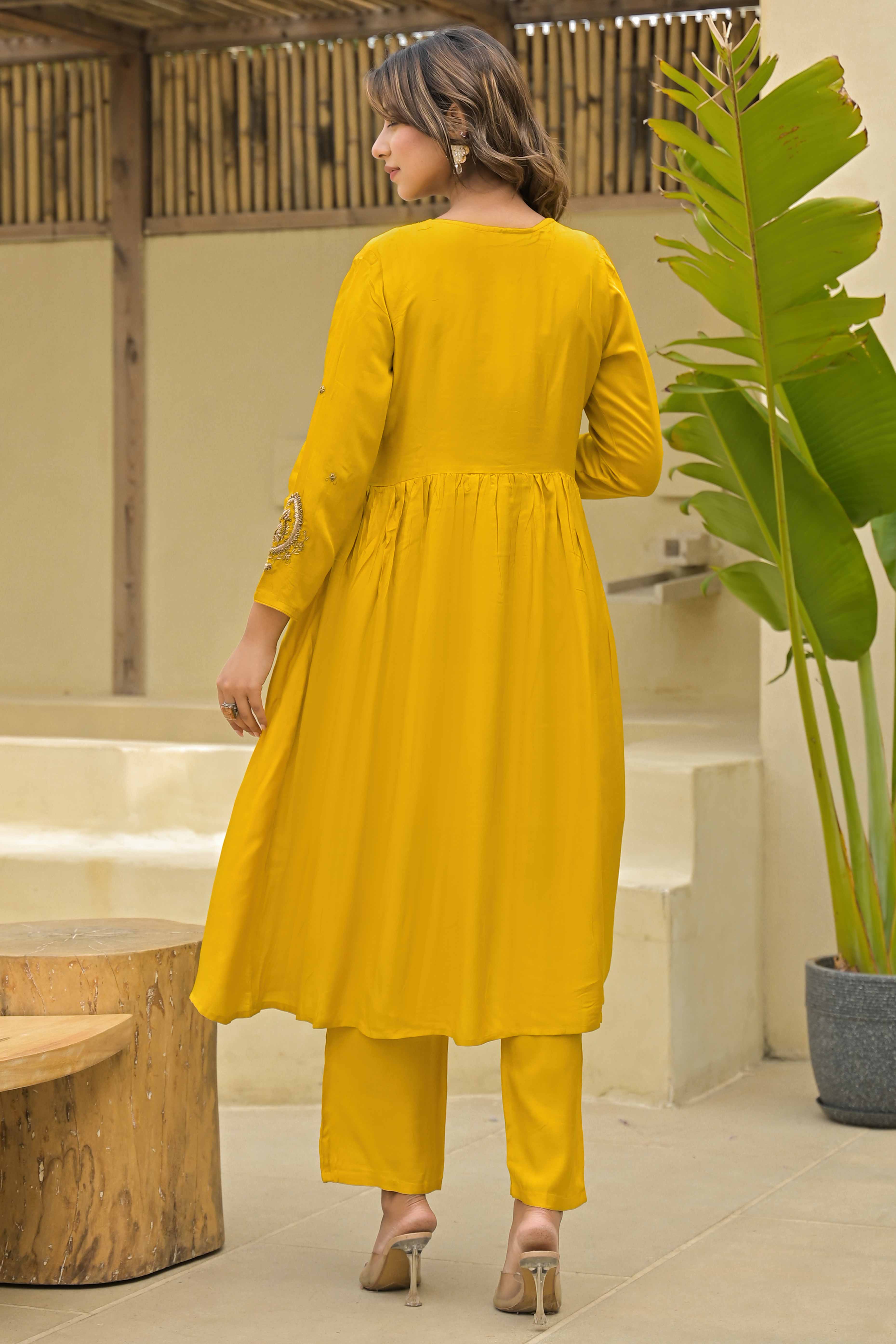 Mustard Hand Ari Work Muslin Anarkali Style Salwar Suit