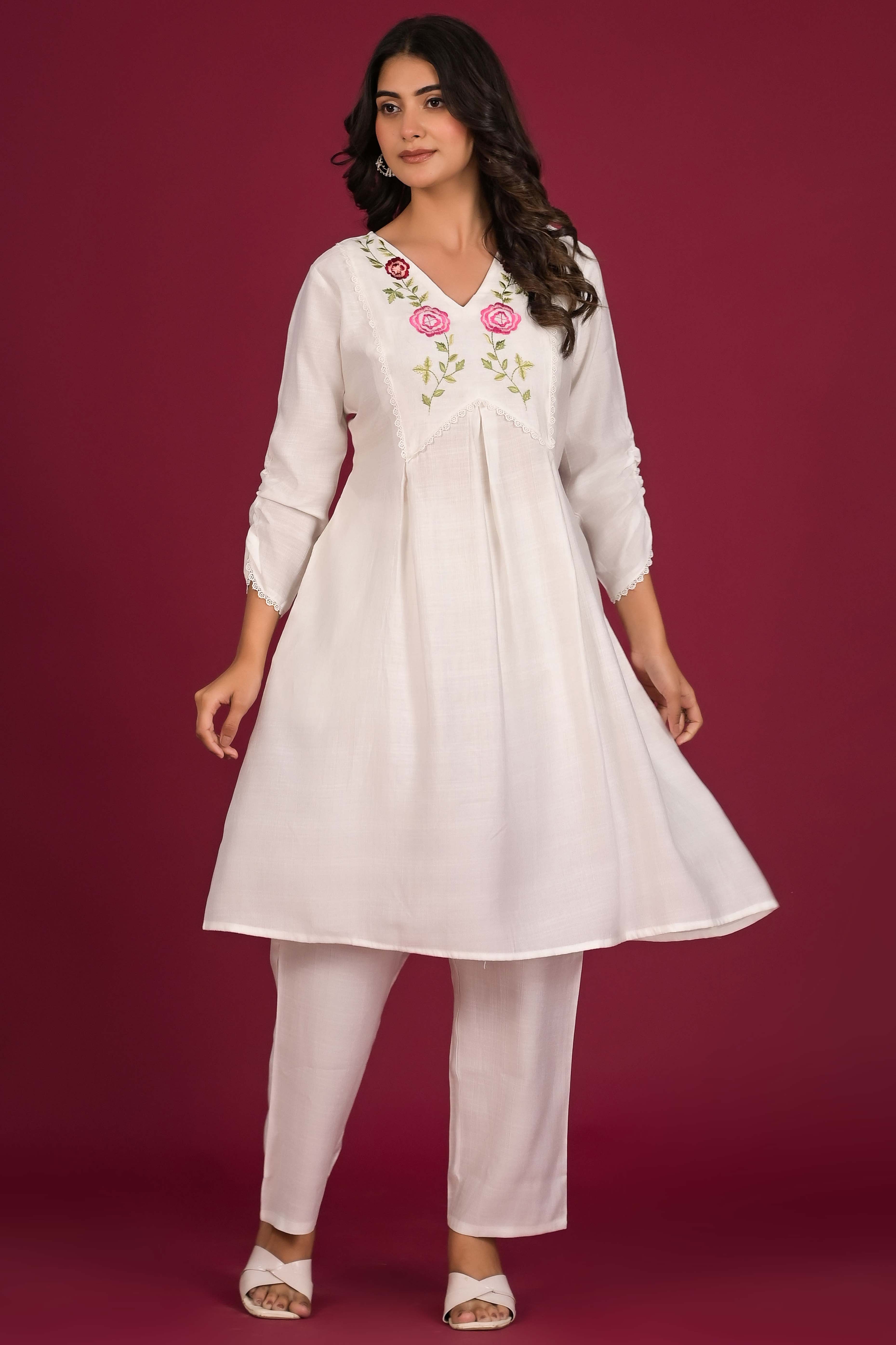 White Neck Embroidered Viscose Top Bottom Set