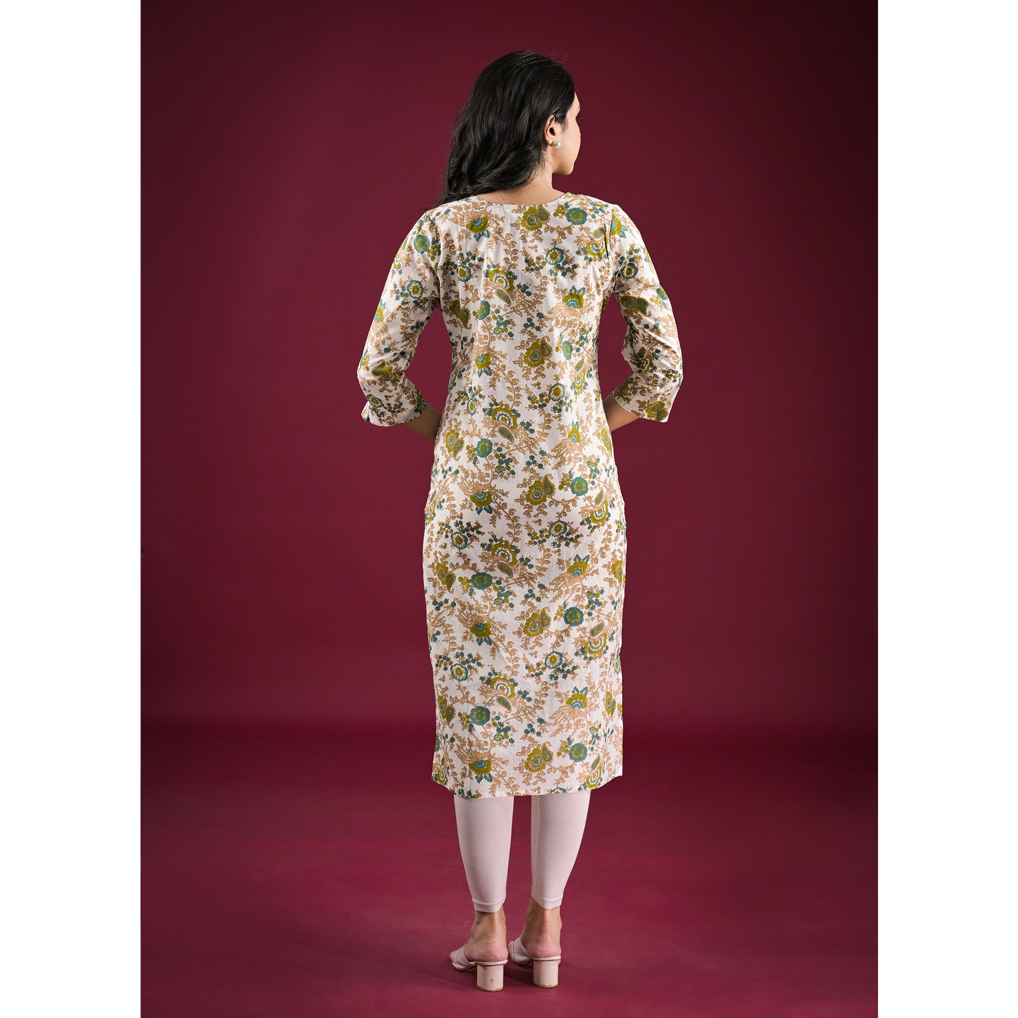 Off White Floral Printed Pure Cotton Straight Kurti