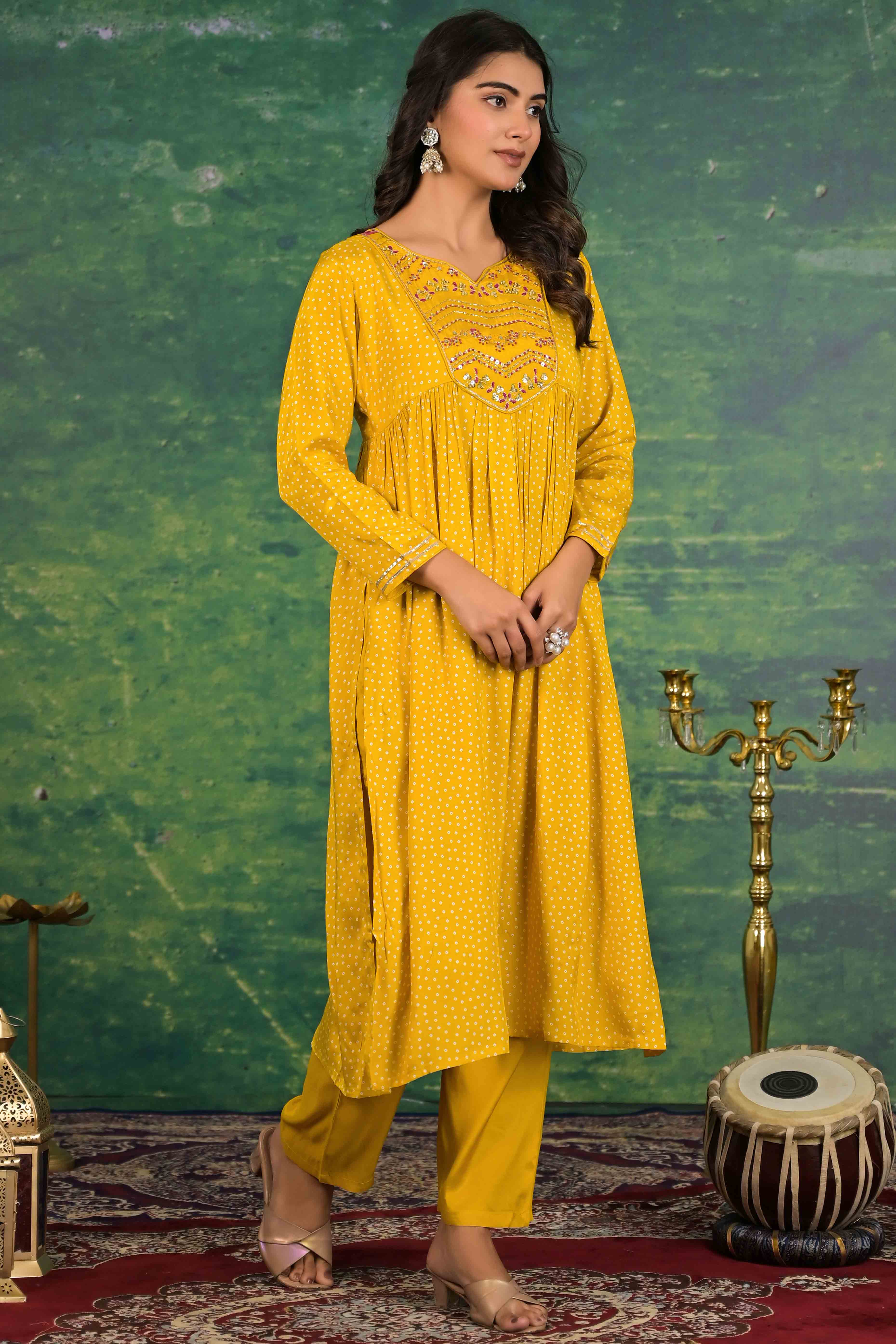 Mustard Yoke Embroidered Anarkali Muslin Salwar Suit