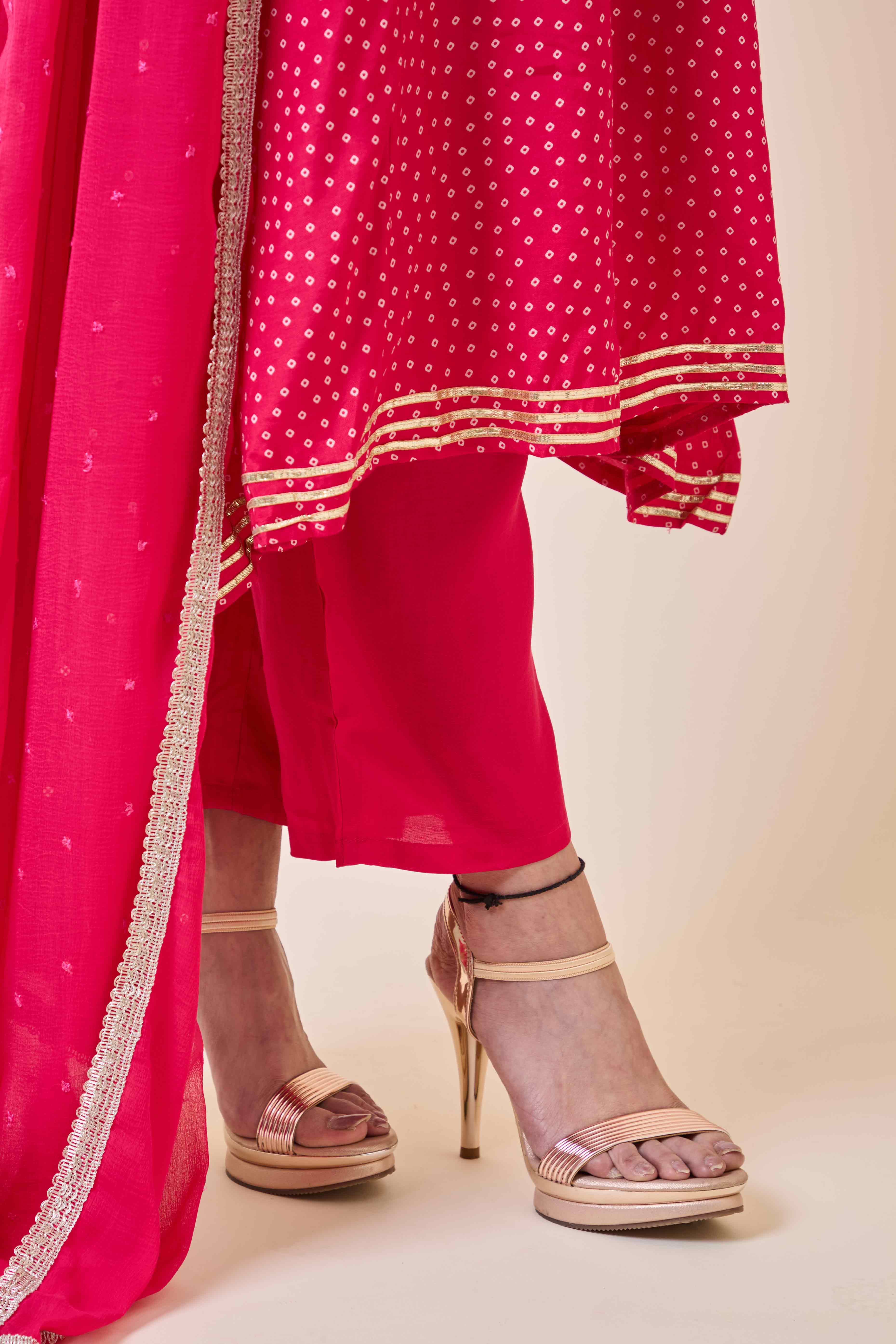 Rani Pink Embroidered Anarkali Style Muslin Salwar Suit