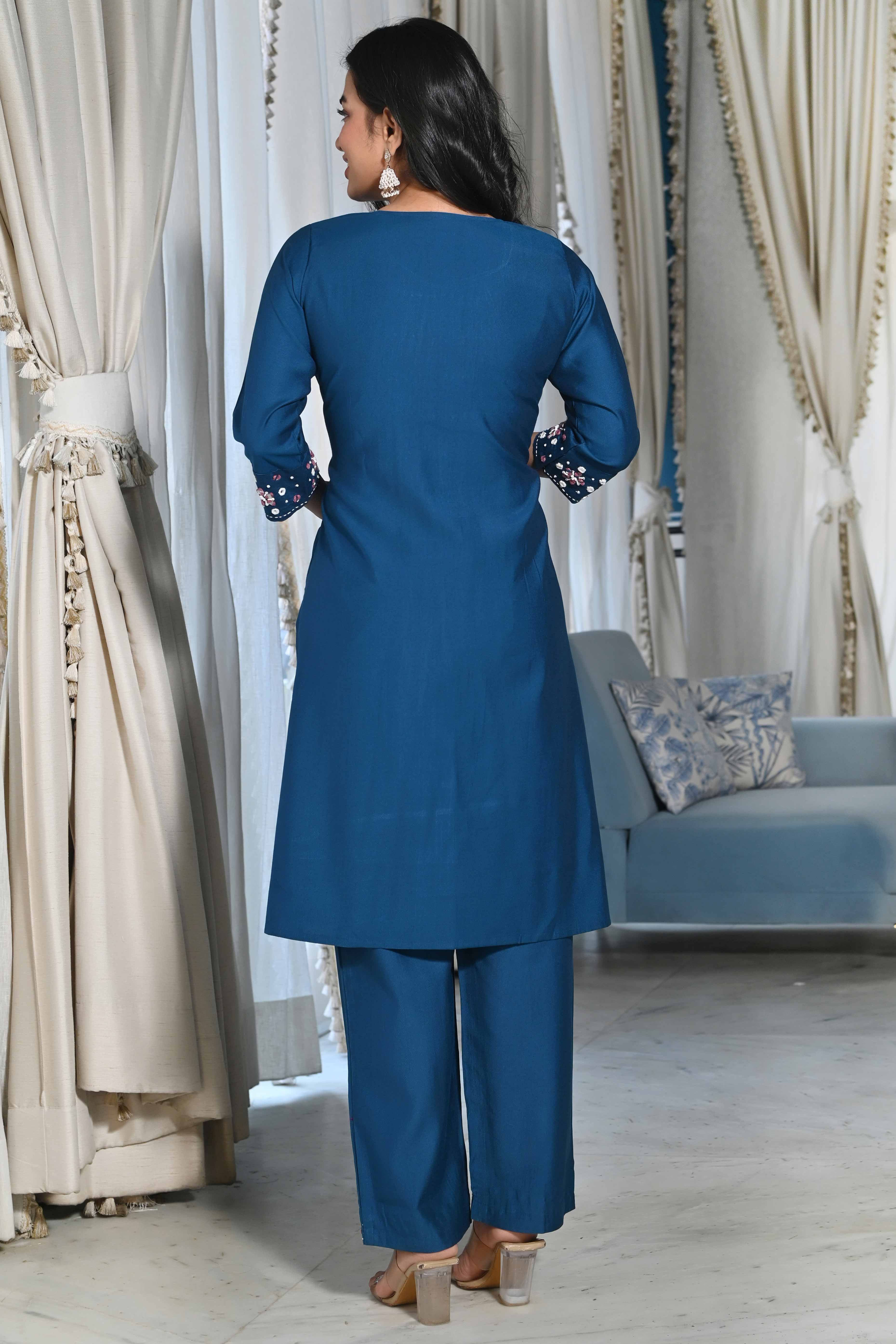 Blue Embroidered Viscose Salwar Suit