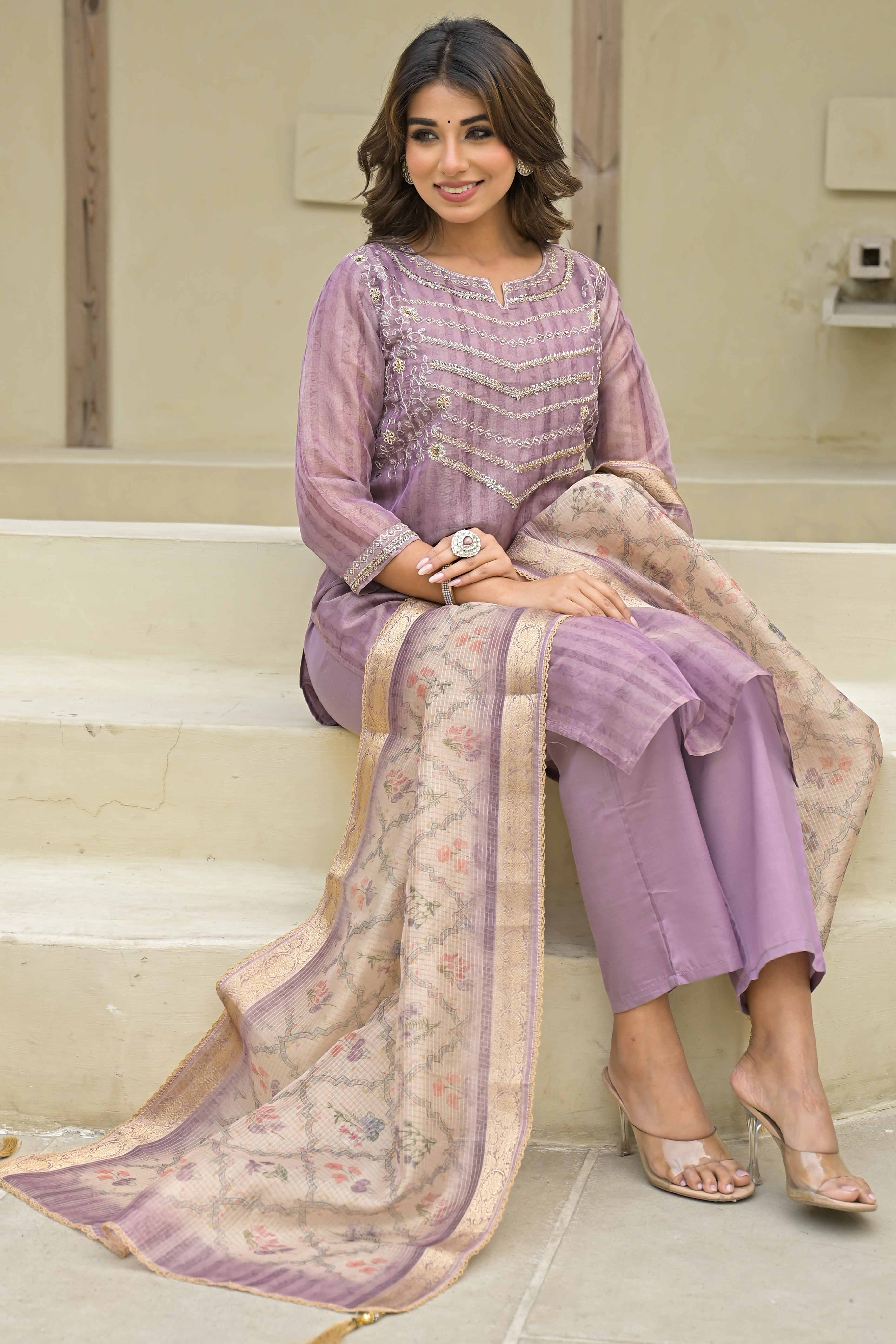 Lavender Embroidered Handwork Crush Chanderi Salwar Suit