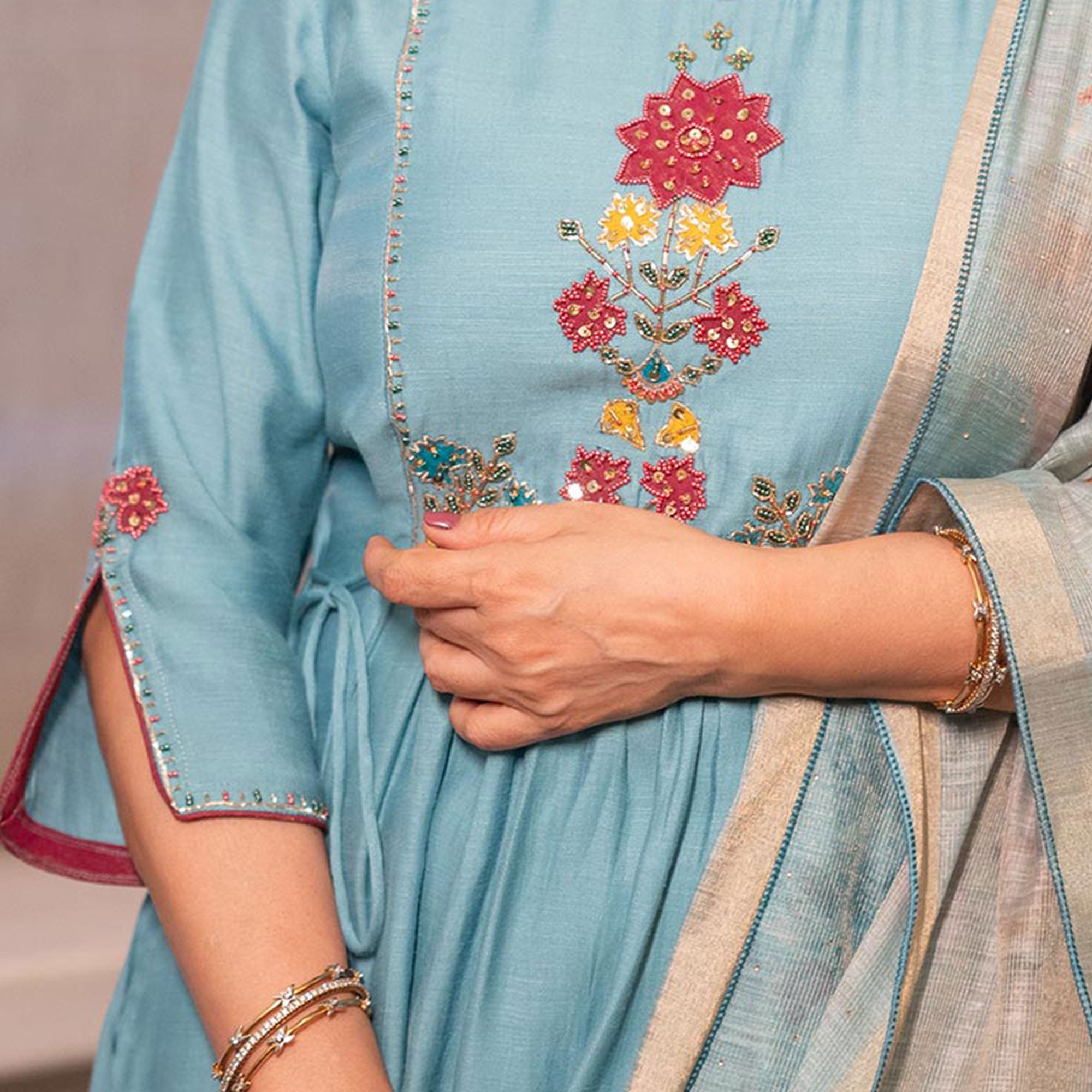 Sky Blue Neck Embroidered Viscose A-Line Salwar Suit