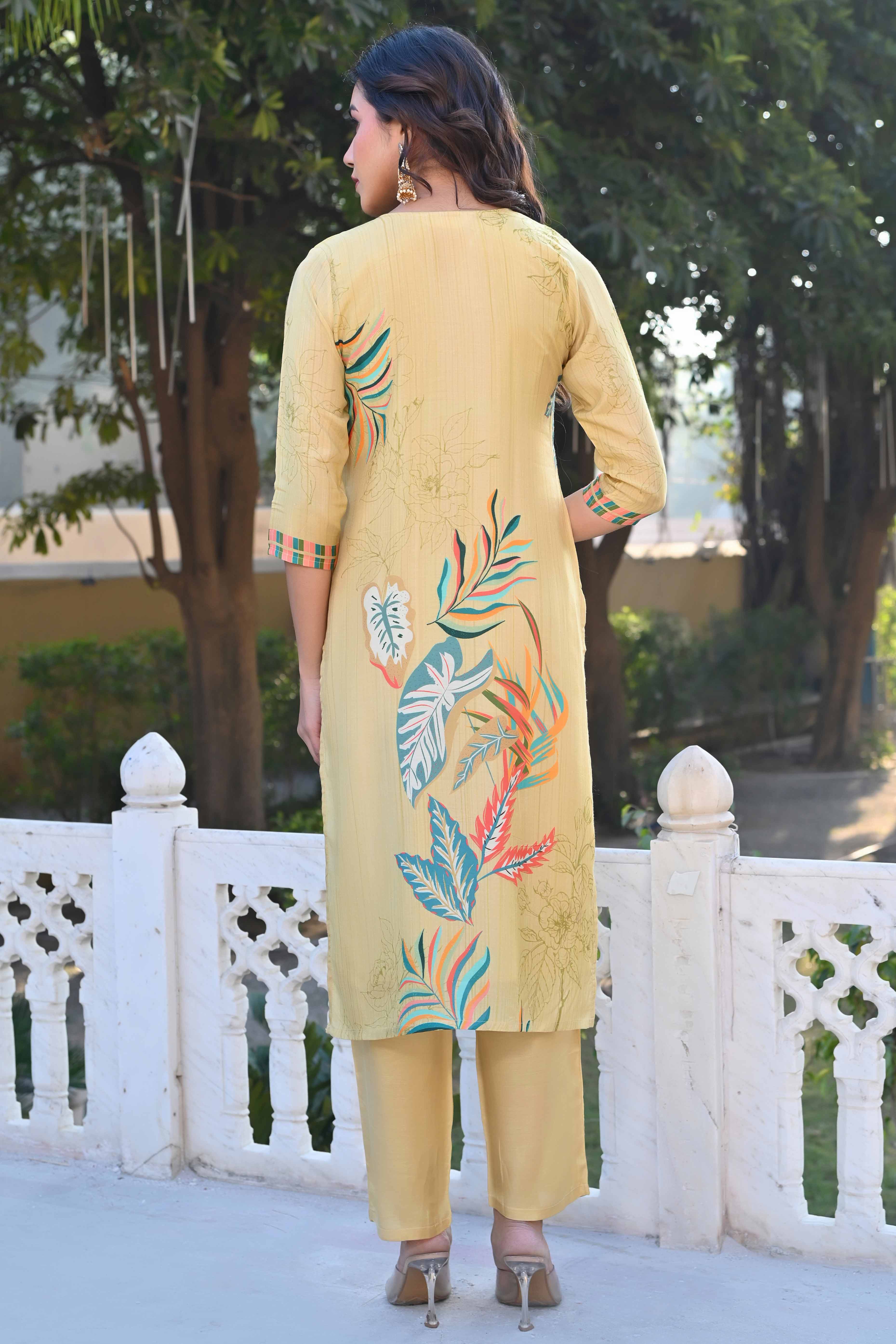 Lime Yellow Sequins Work With Printed Muslin Salwar Suit