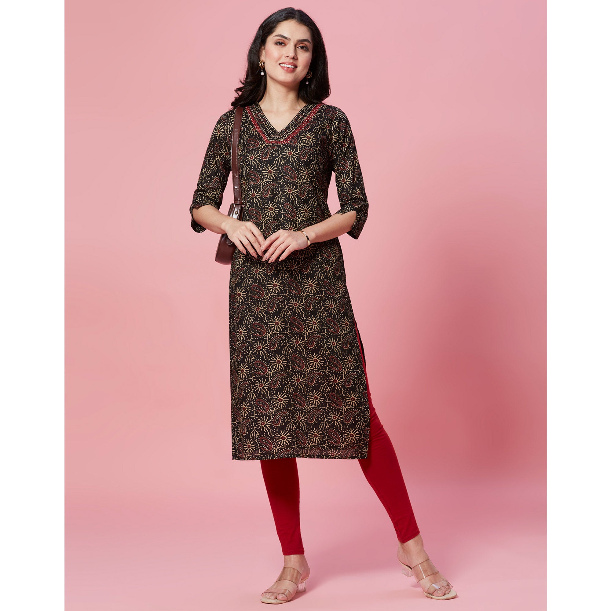 Black Floral Printed Pure Cotton Straight Kurti