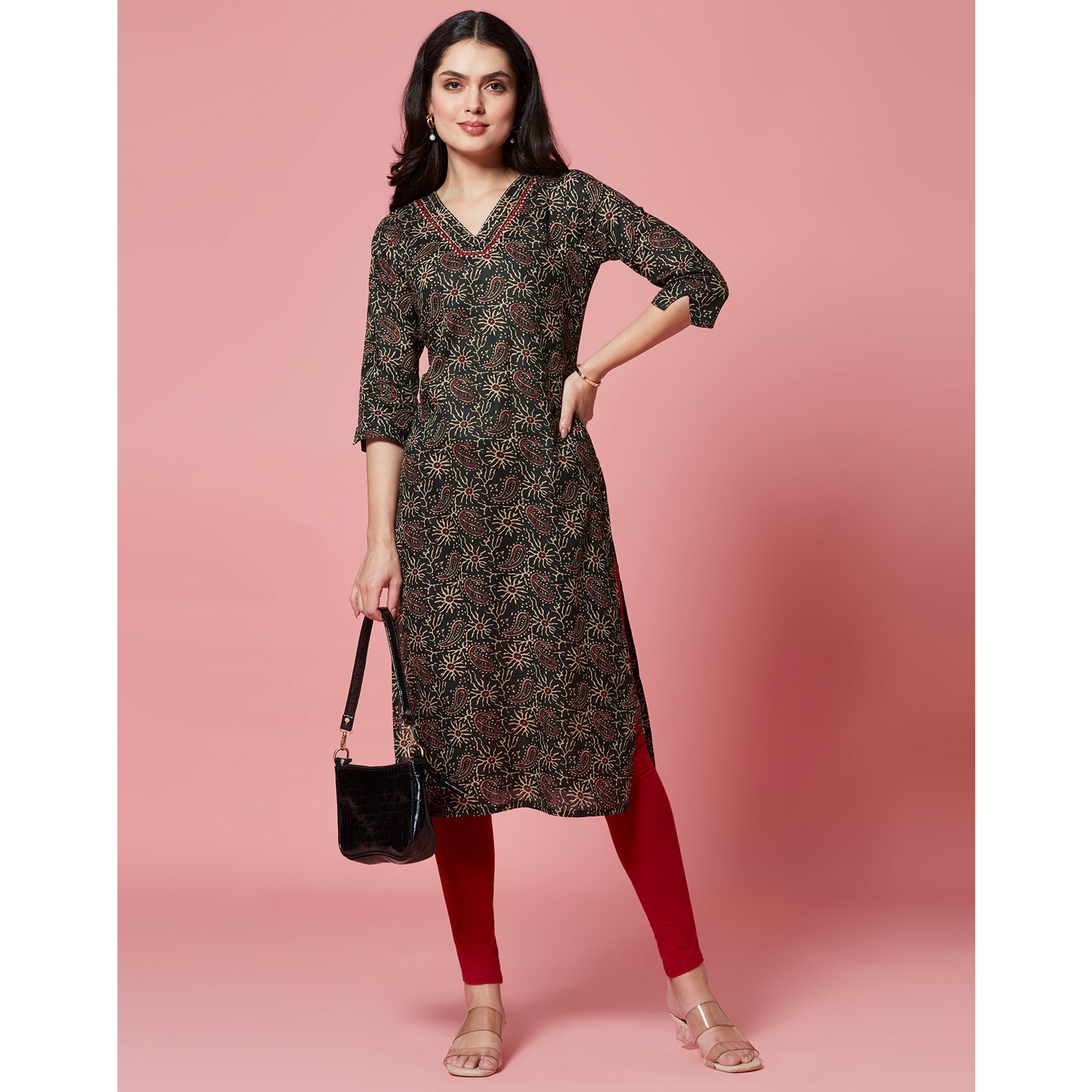 Green Floral Printed Pure Cotton Straight Kurti