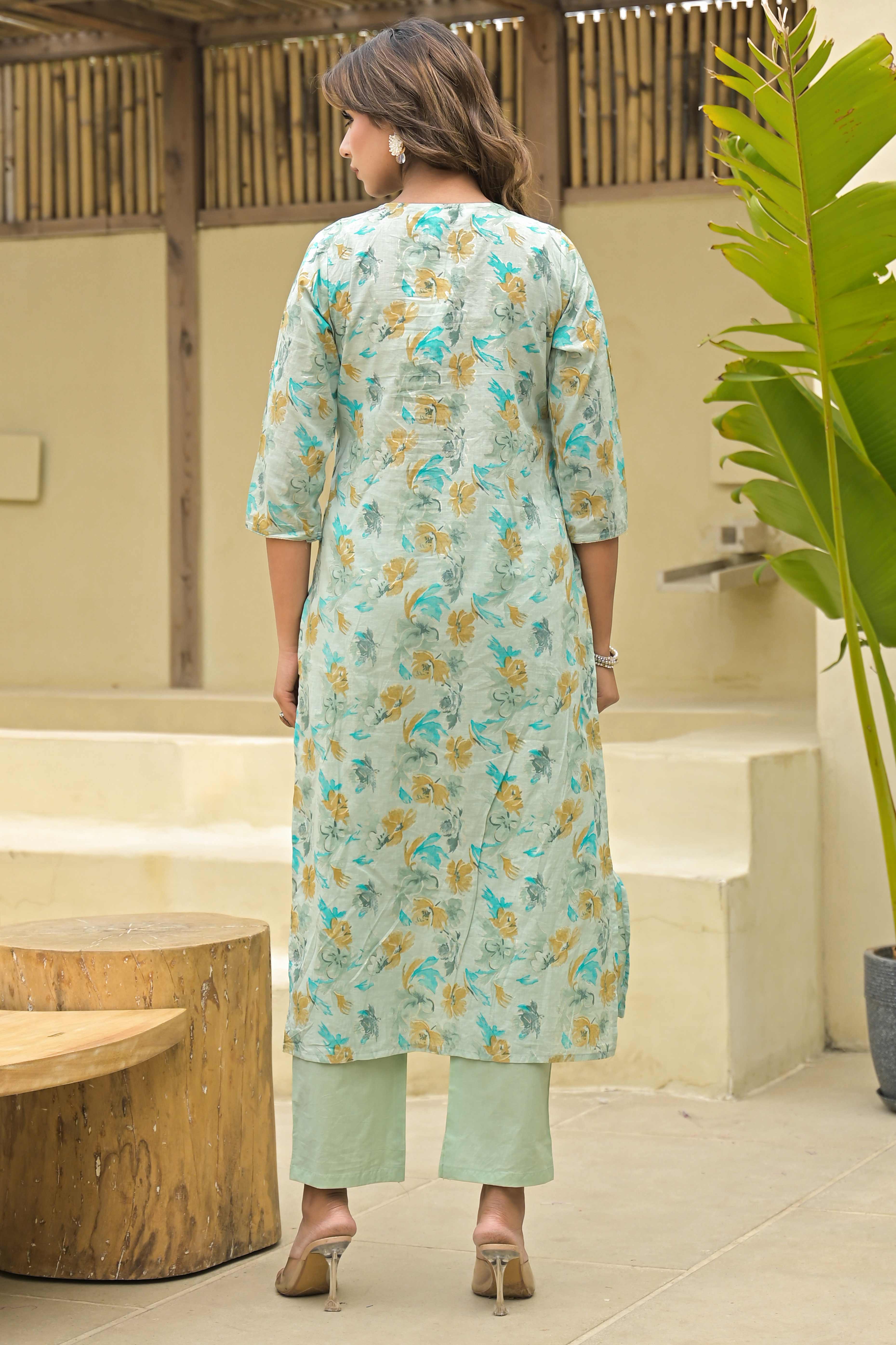 Green Floral Printed Pure Cotton Salwar Suit With Handwork