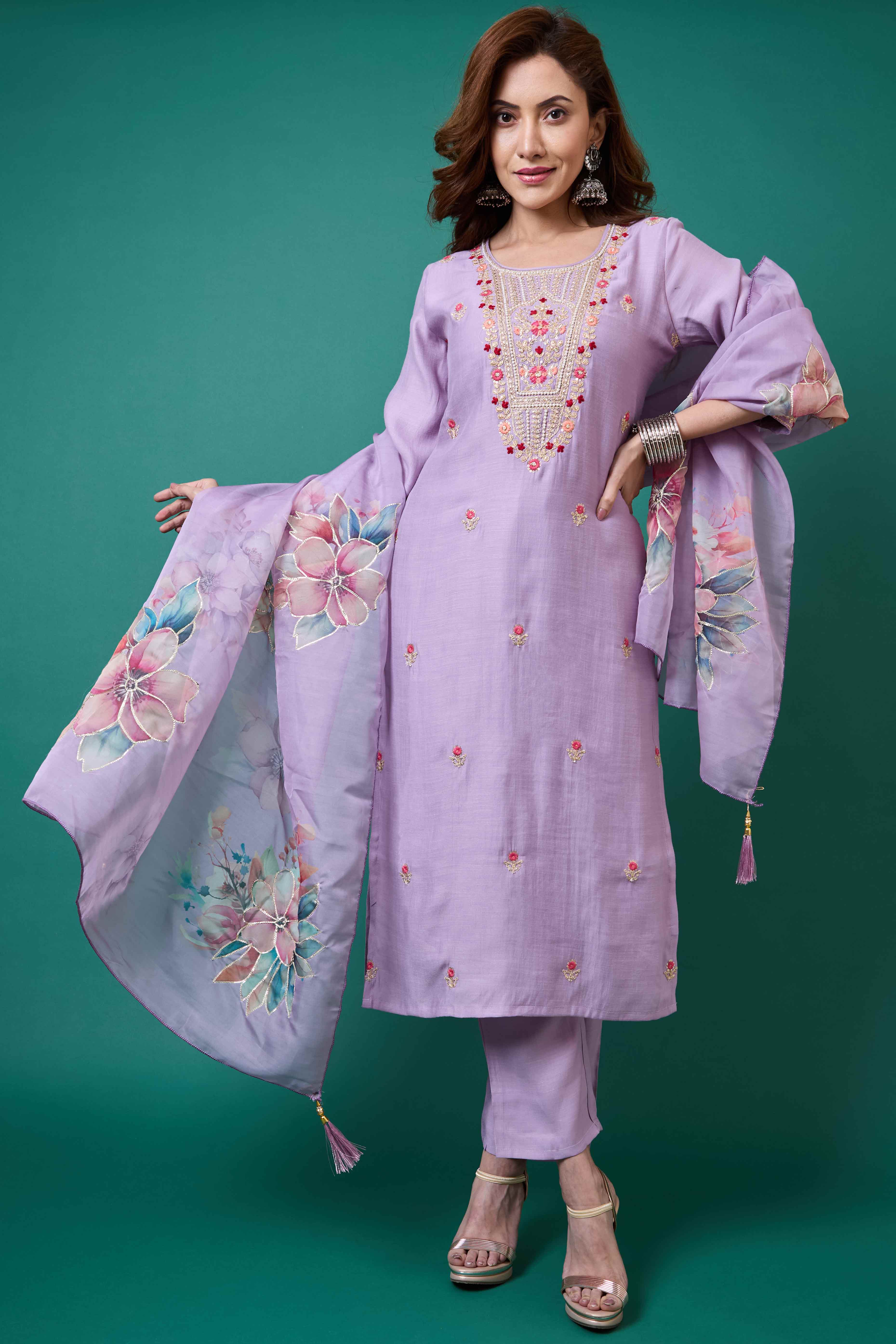 Lavender Handwork Embroidered Viscose Straight Salwar Suit