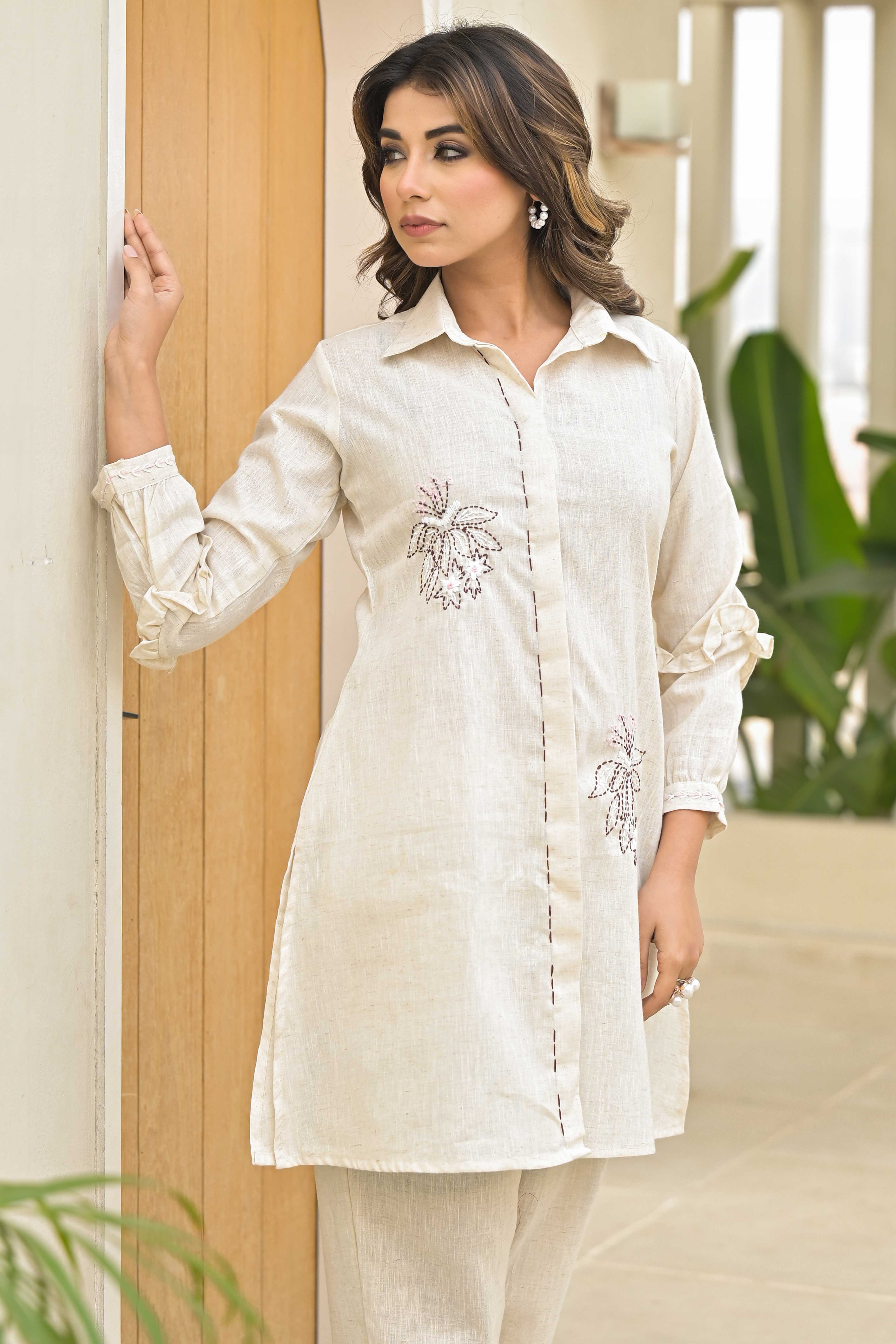 Beige Handwork Embroidered Pure Cotton Co-Ord Set