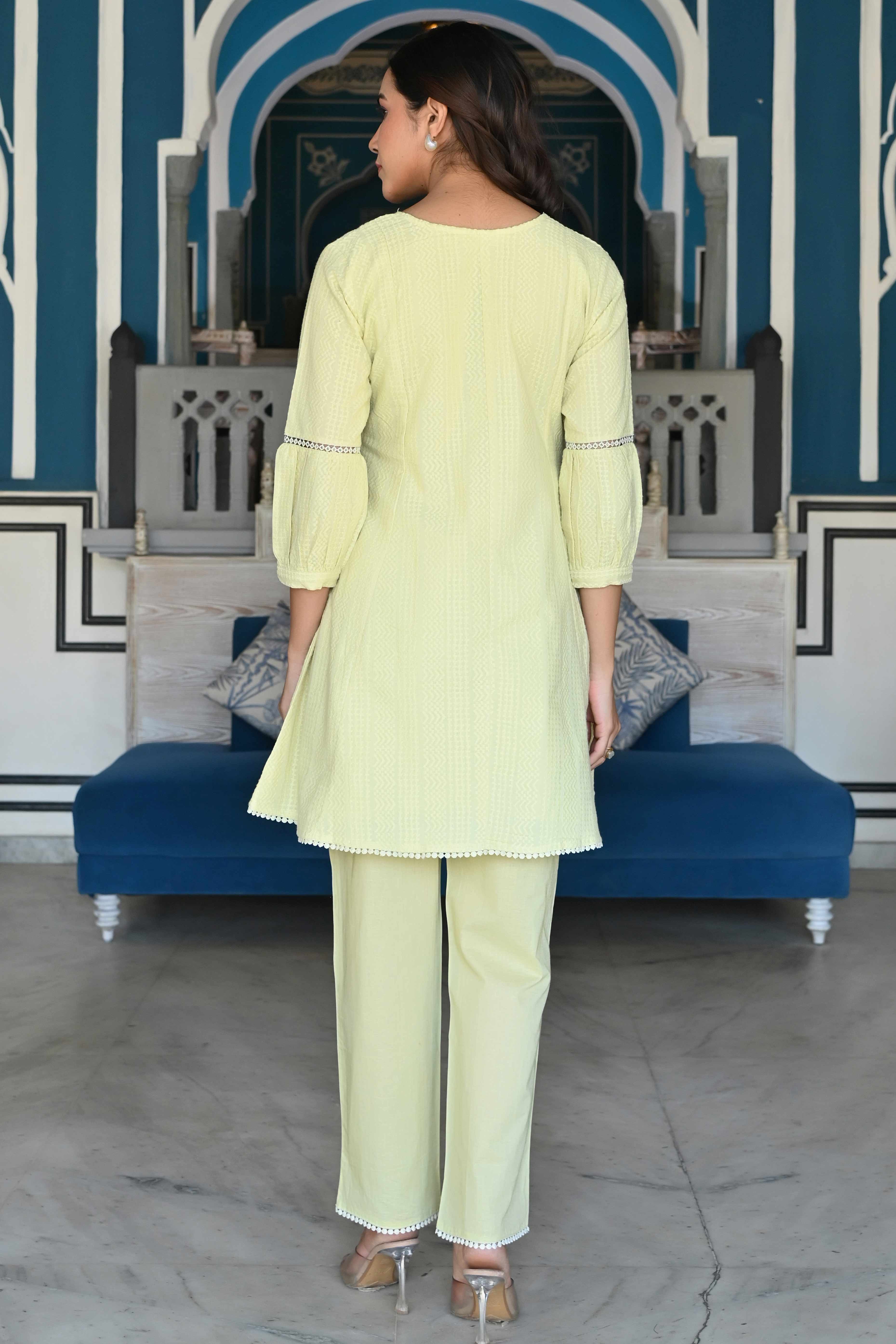 Lemon Yellow Dobby Work Pure Cotton Co-Ord Set