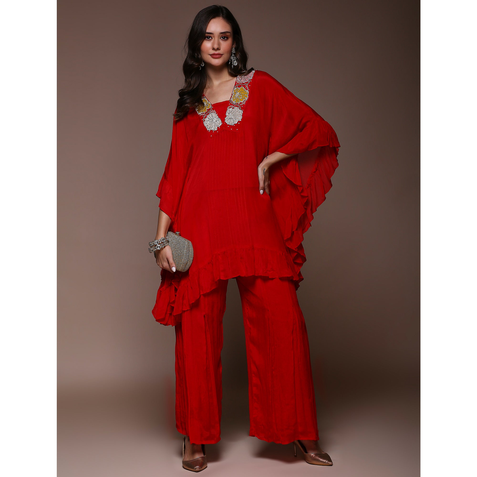 Crimson Red Embroidered Kaftan Style Chinon Co-Ord Set