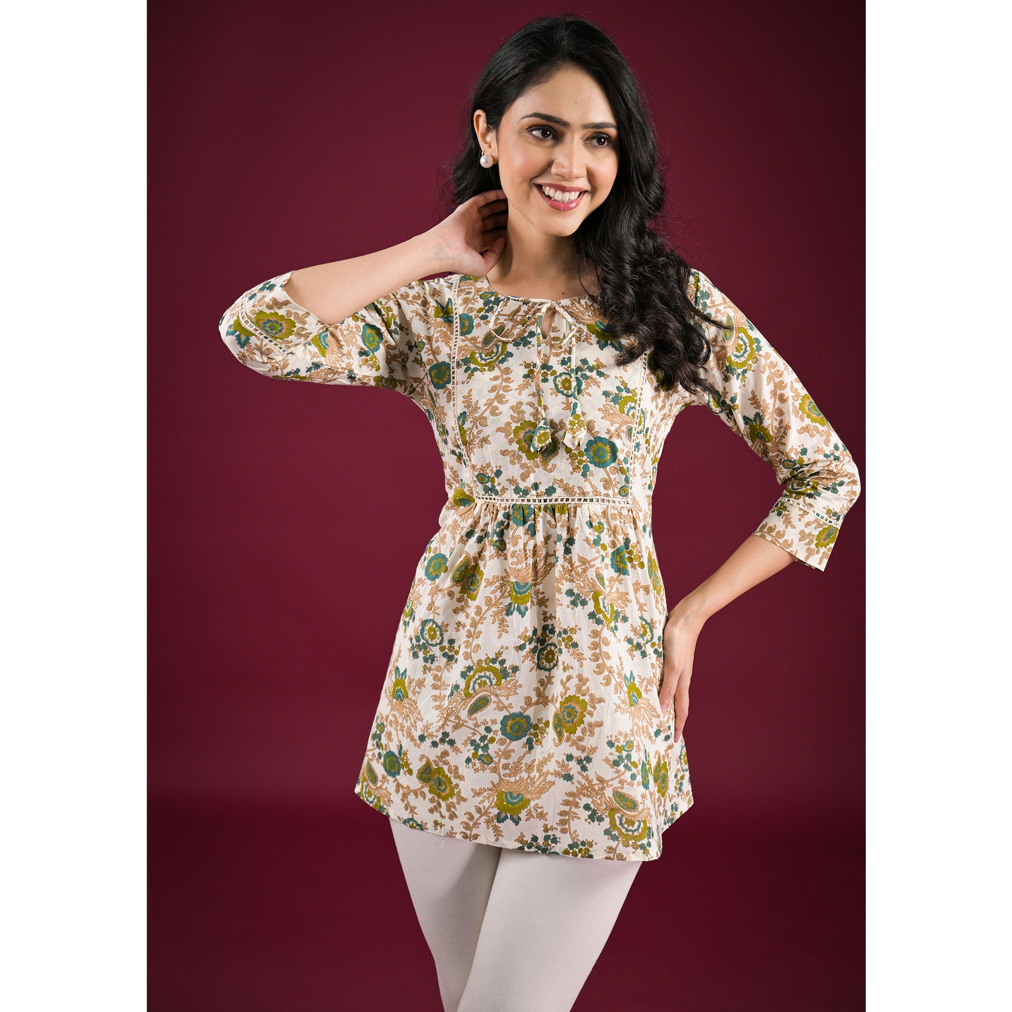 White Floral Printed Pure Cotton A-Line Top