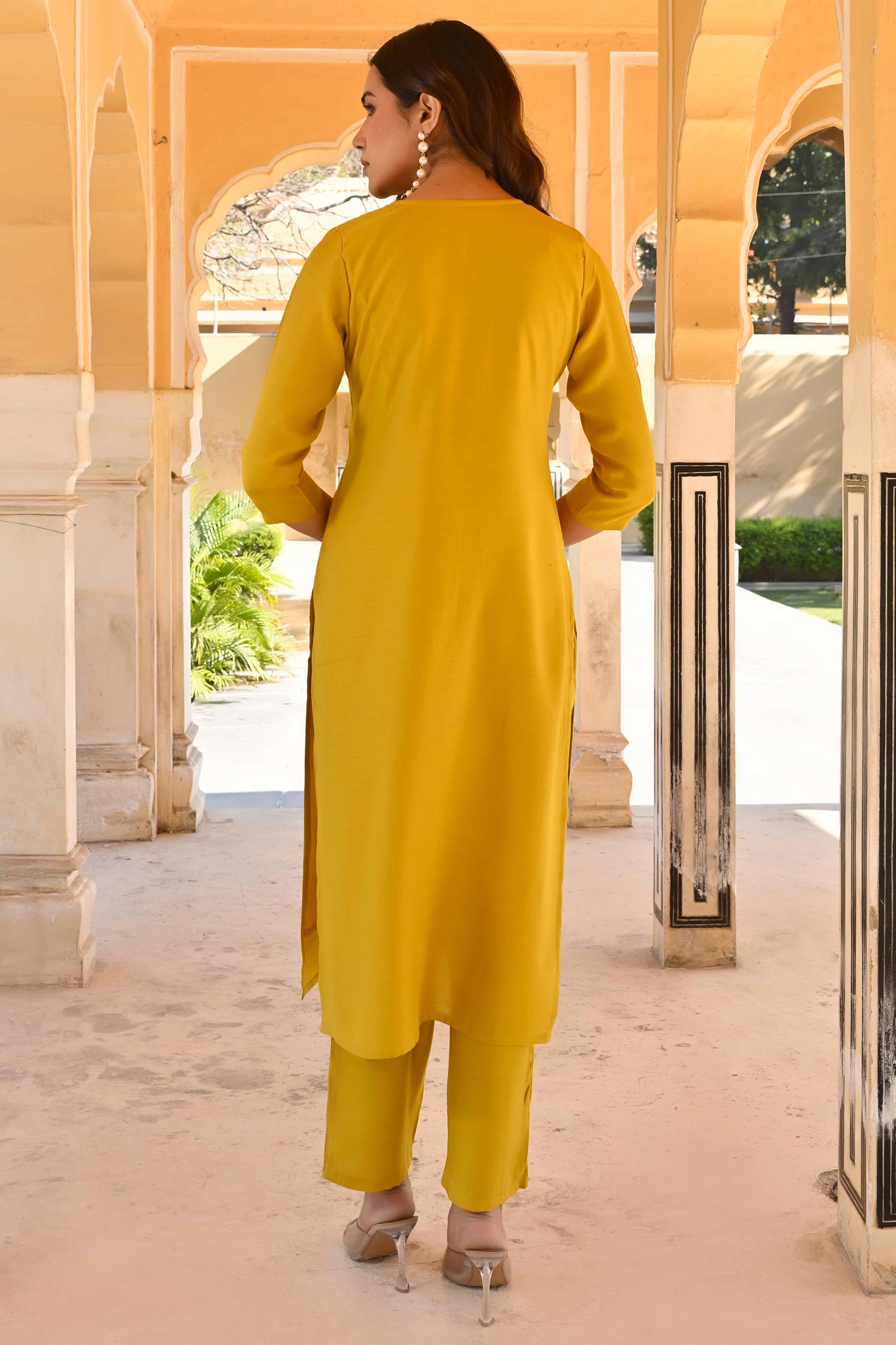 Mustard Floral Embroidered Viscose Straight Salwar Suit