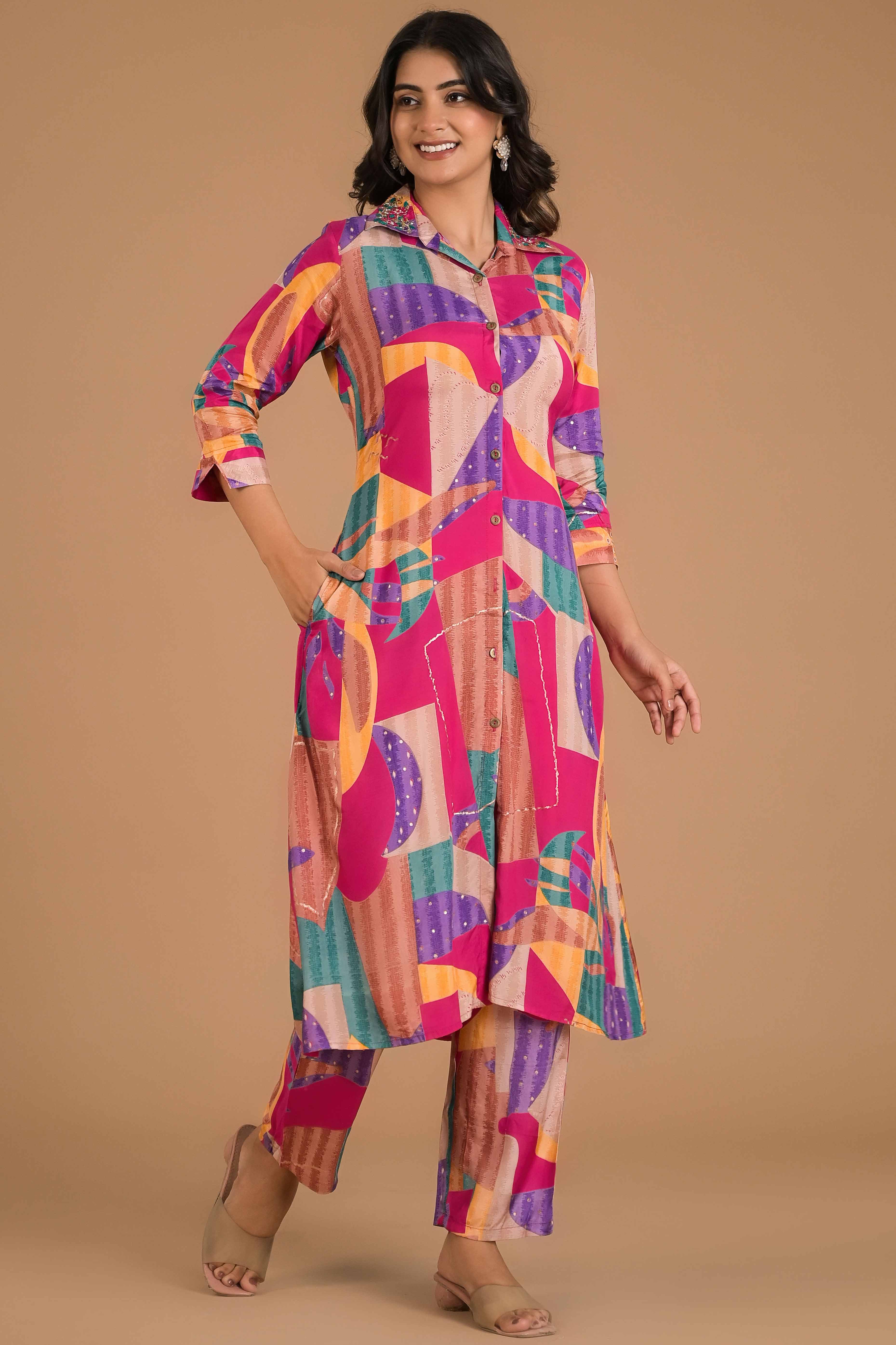 Multicolor Abstract Printed Muslin Co-Ord Set