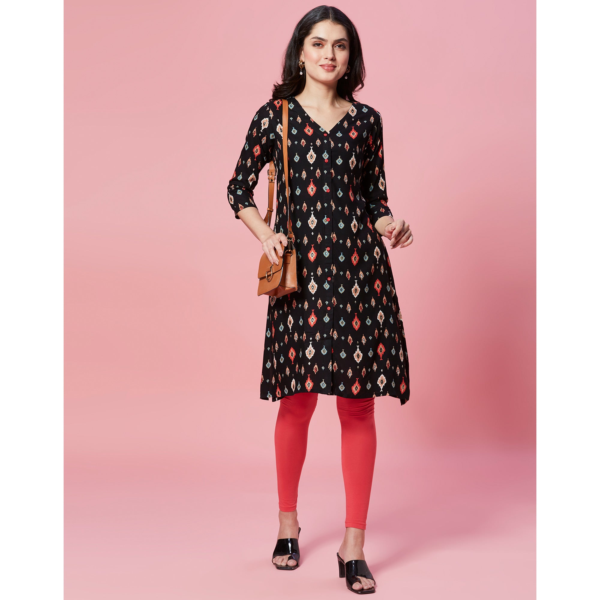 Black Ikkat Printed Rayon Straight Kurti