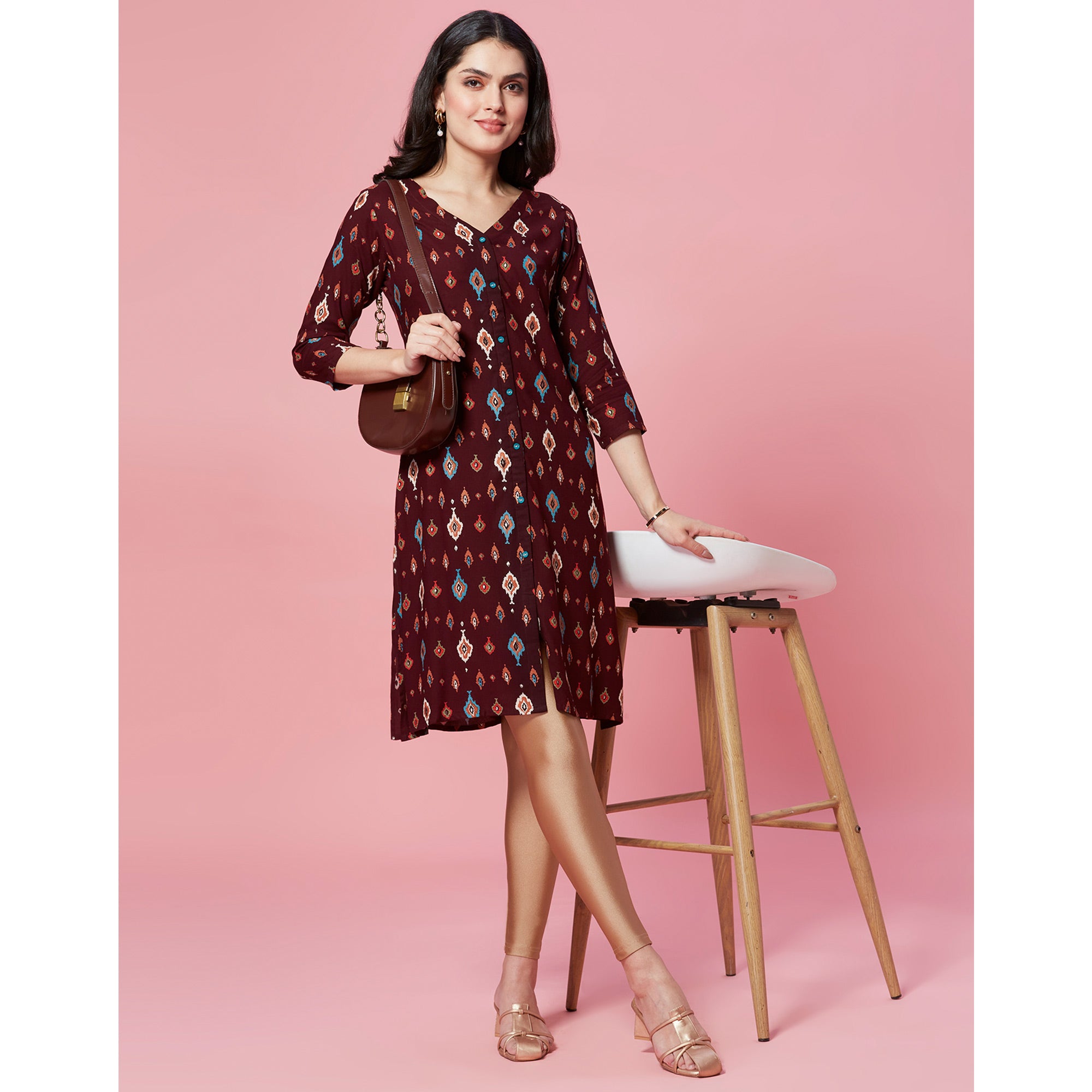 Maroon Ikkat Printed Rayon Straight Kurti