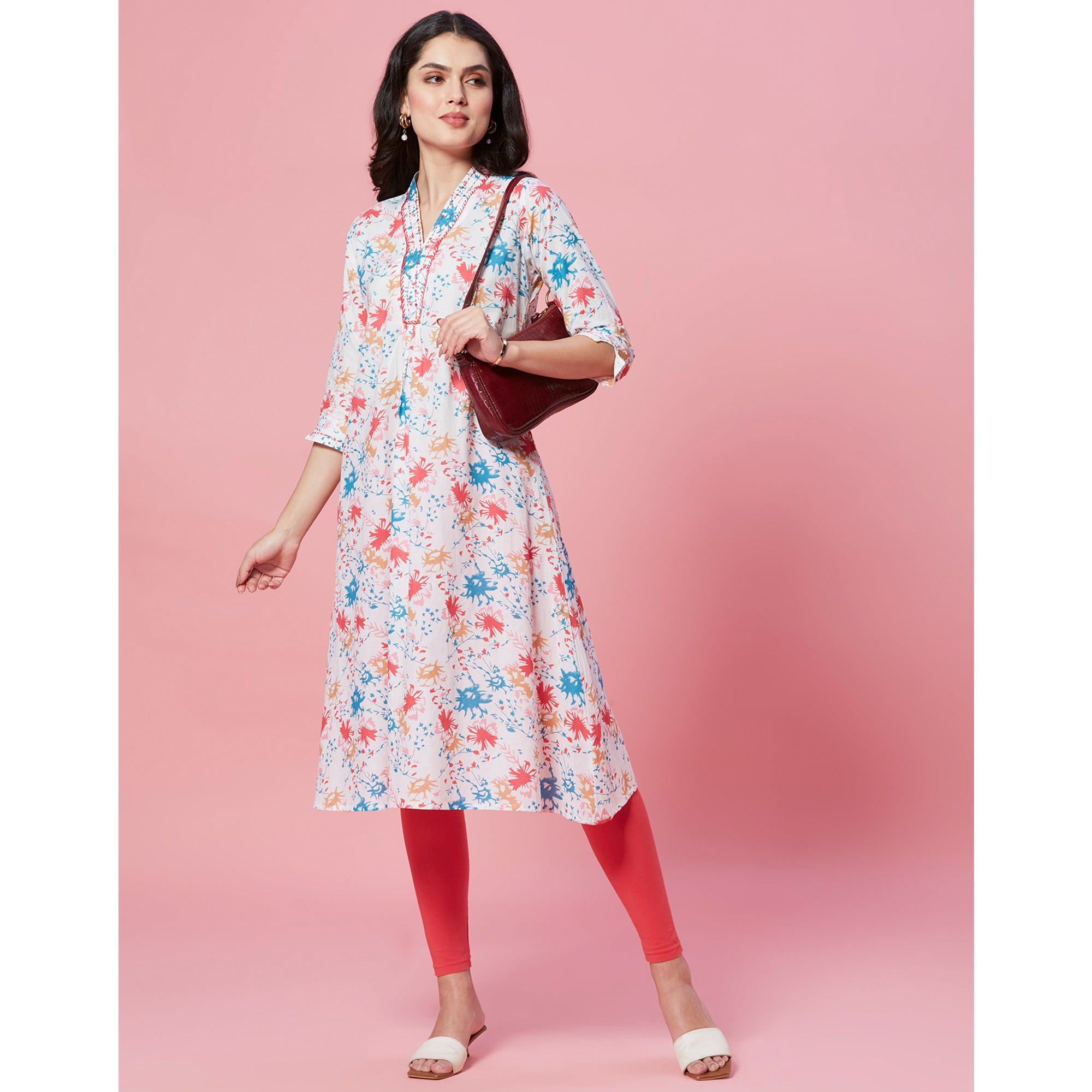 White Floral Printed Pure Cotton A-Line Kurti