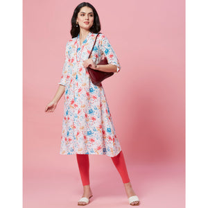 White Floral Printed Pure Cotton A-Line Kurti
