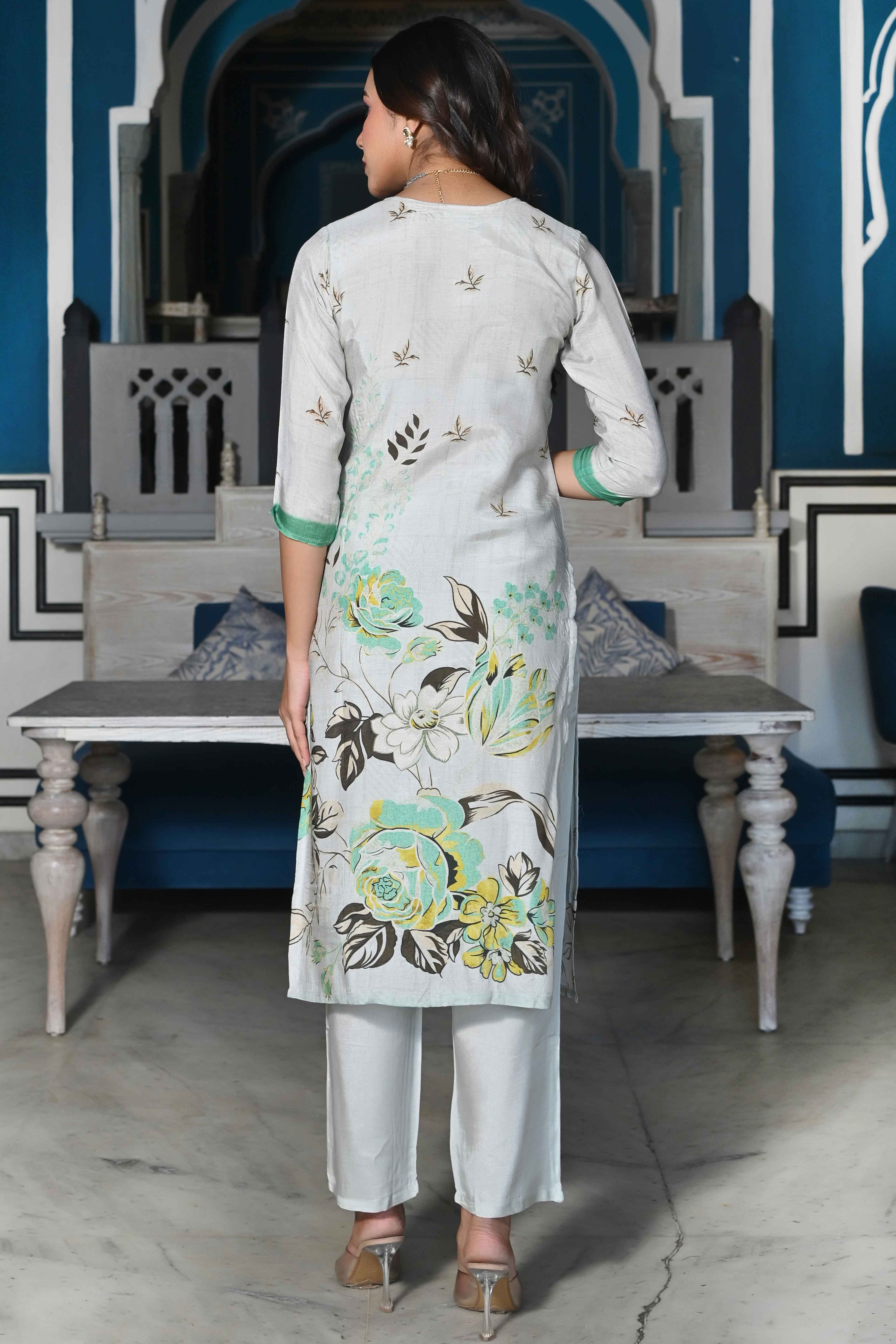 Grey Floral With Beads Work Printed Muslin Salwar Suit