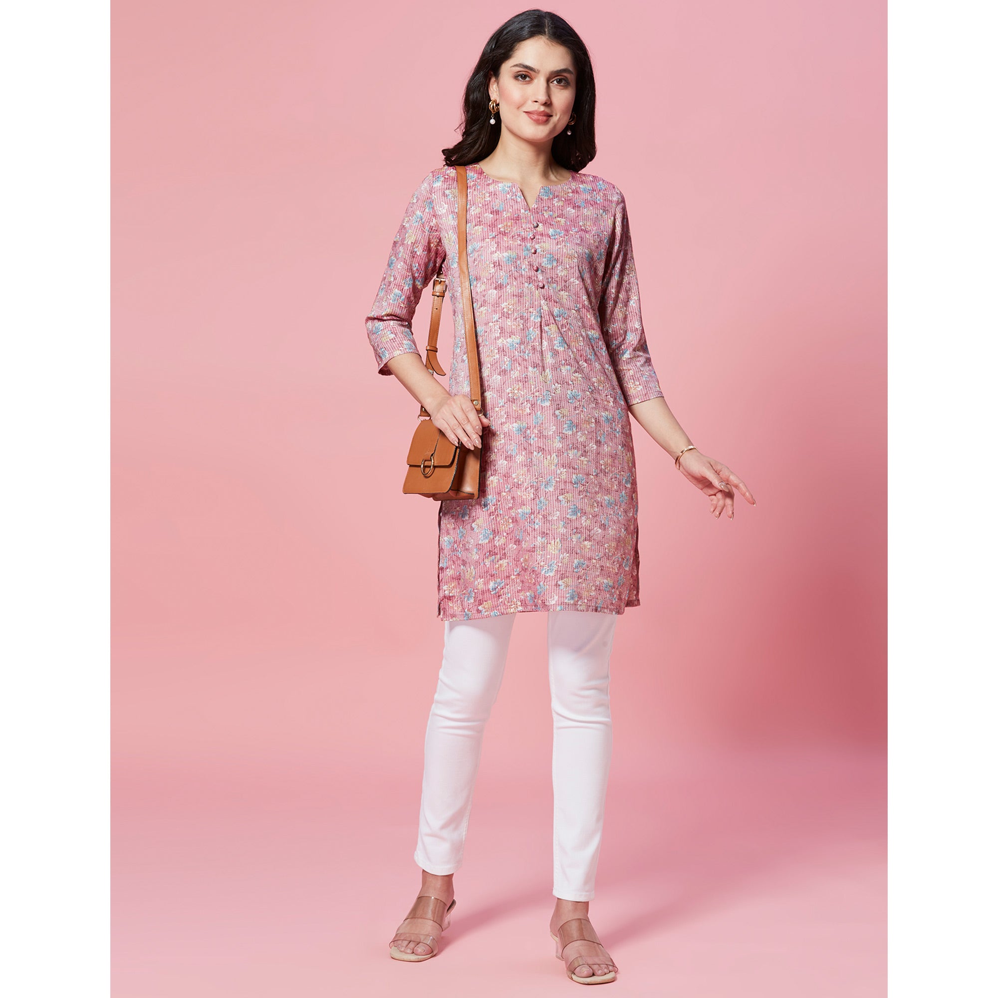 Mauve Floral Printed Pure Cotton Straight Kurti