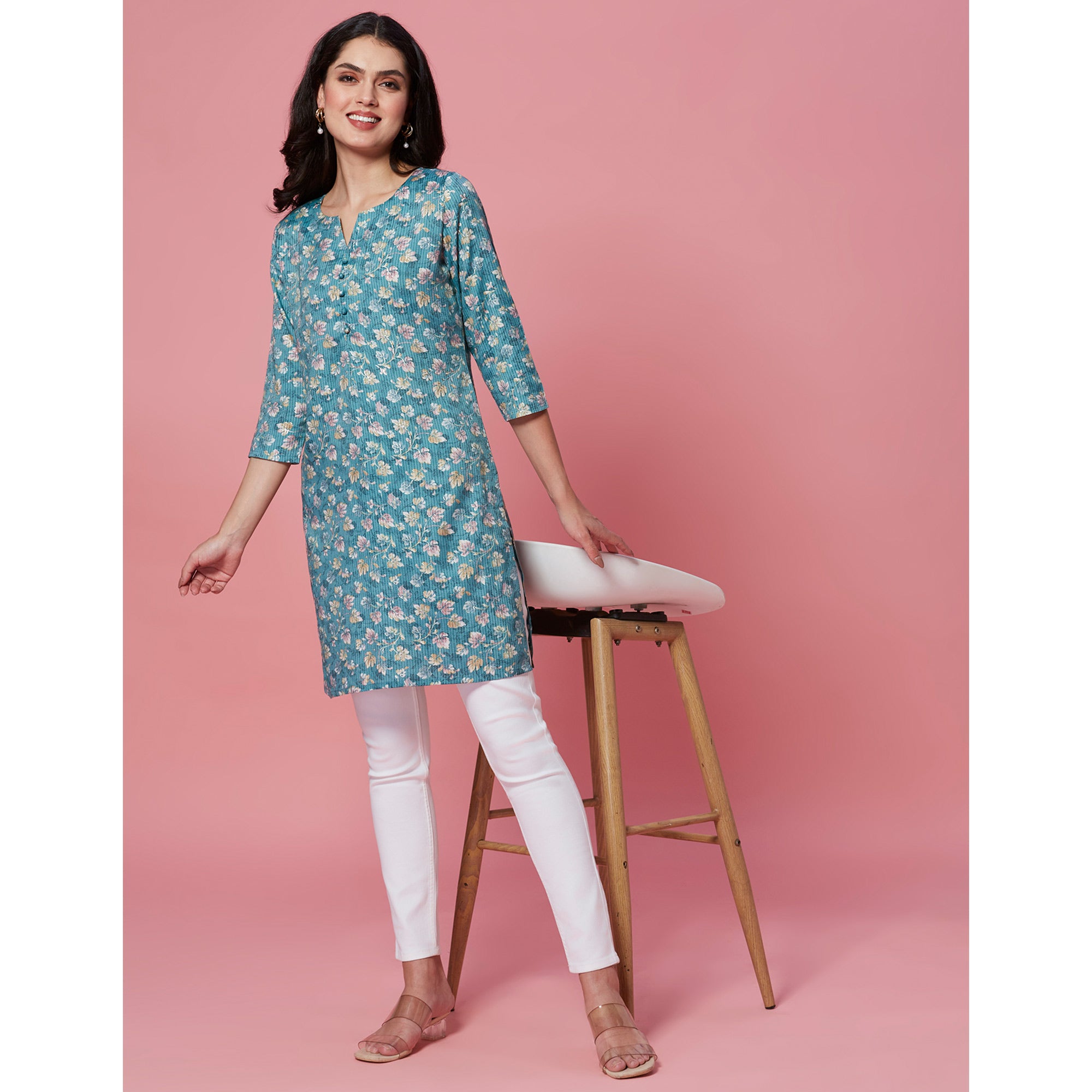 Turquoise Floral Printed Pure Cotton Straight Kurti