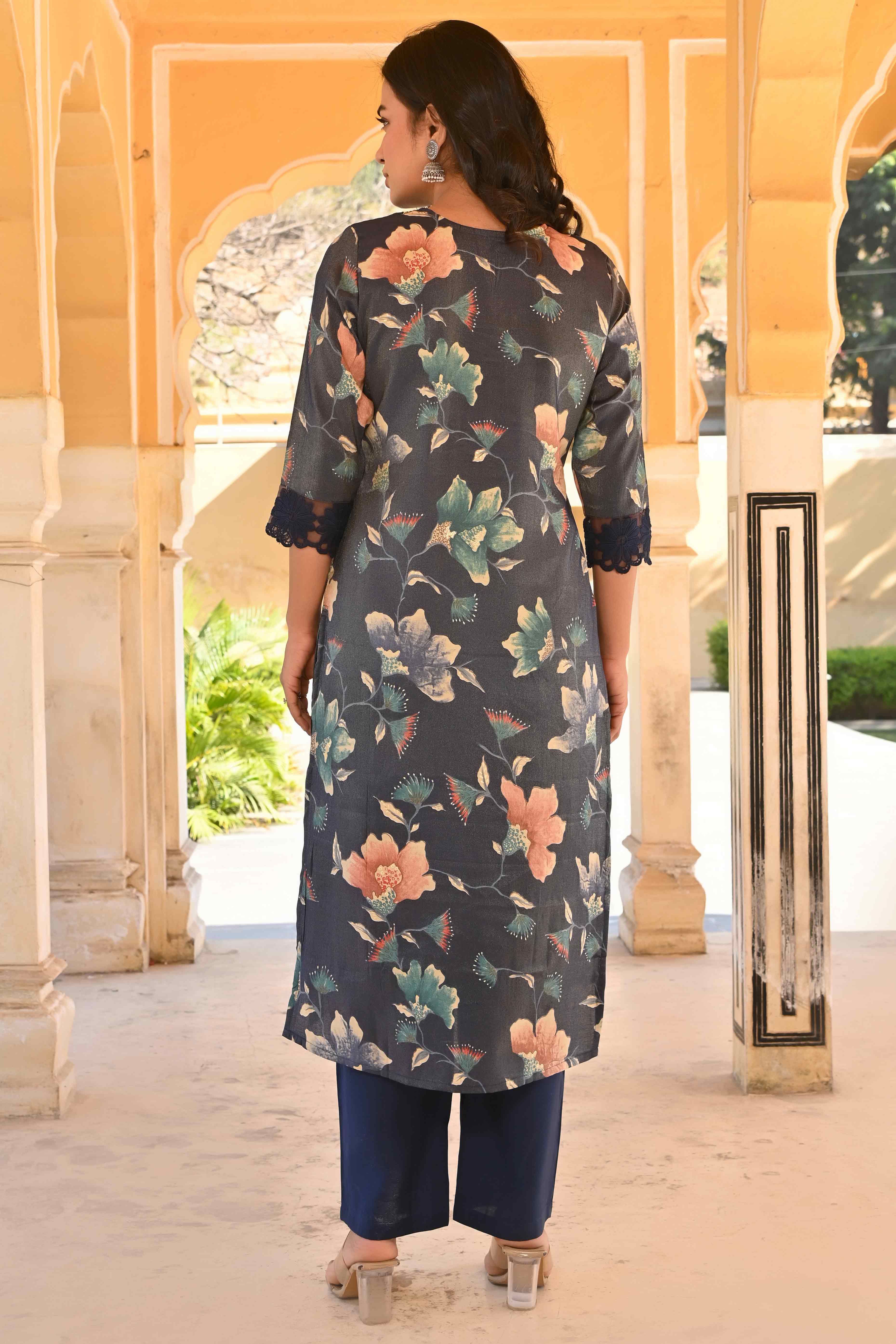 Blue Floral Foil Pinted With Handwork Viscose Salwar Suit