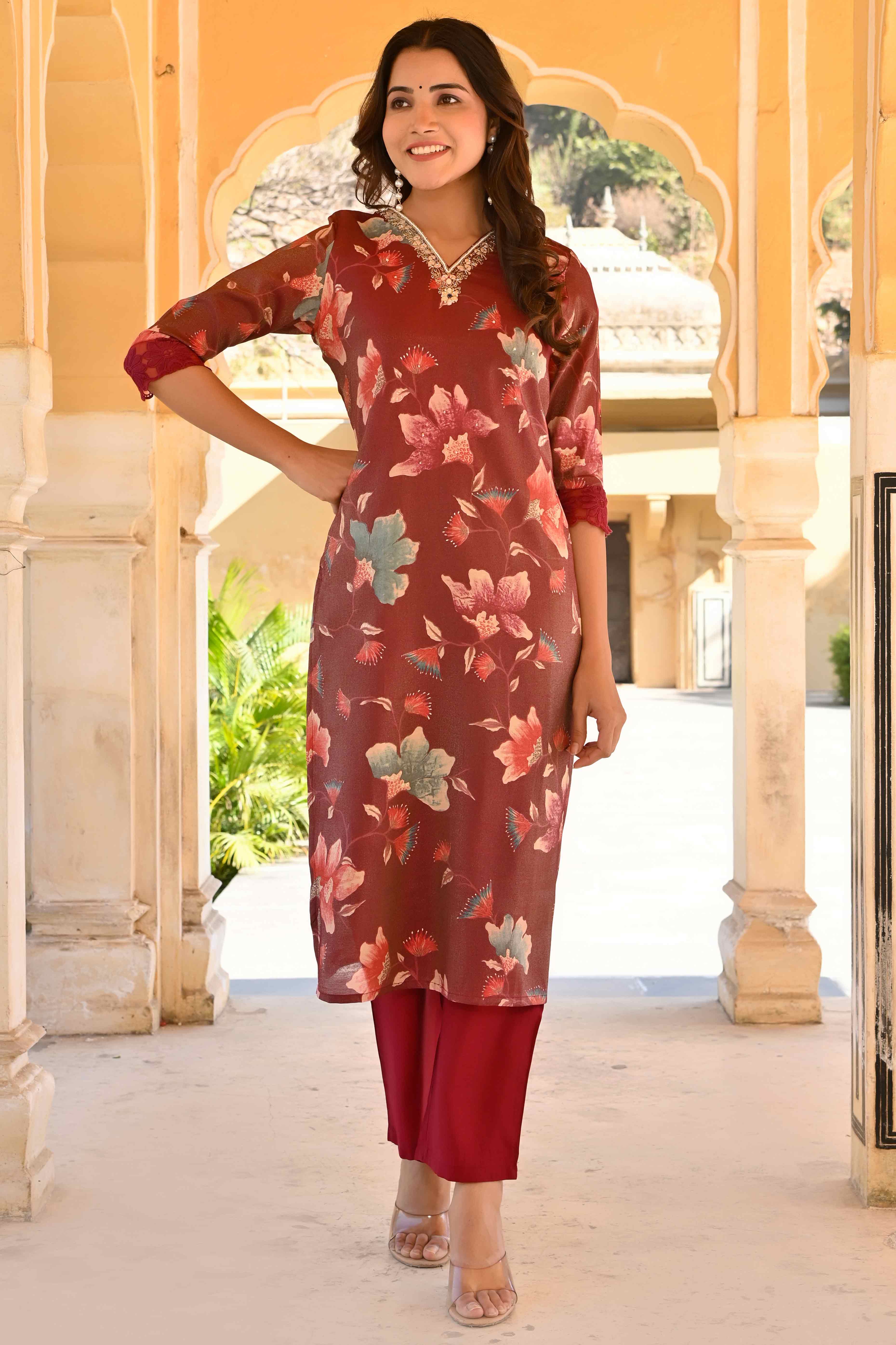 Wine Floral Foil Pinted With Handwork Viscose Salwar Suit