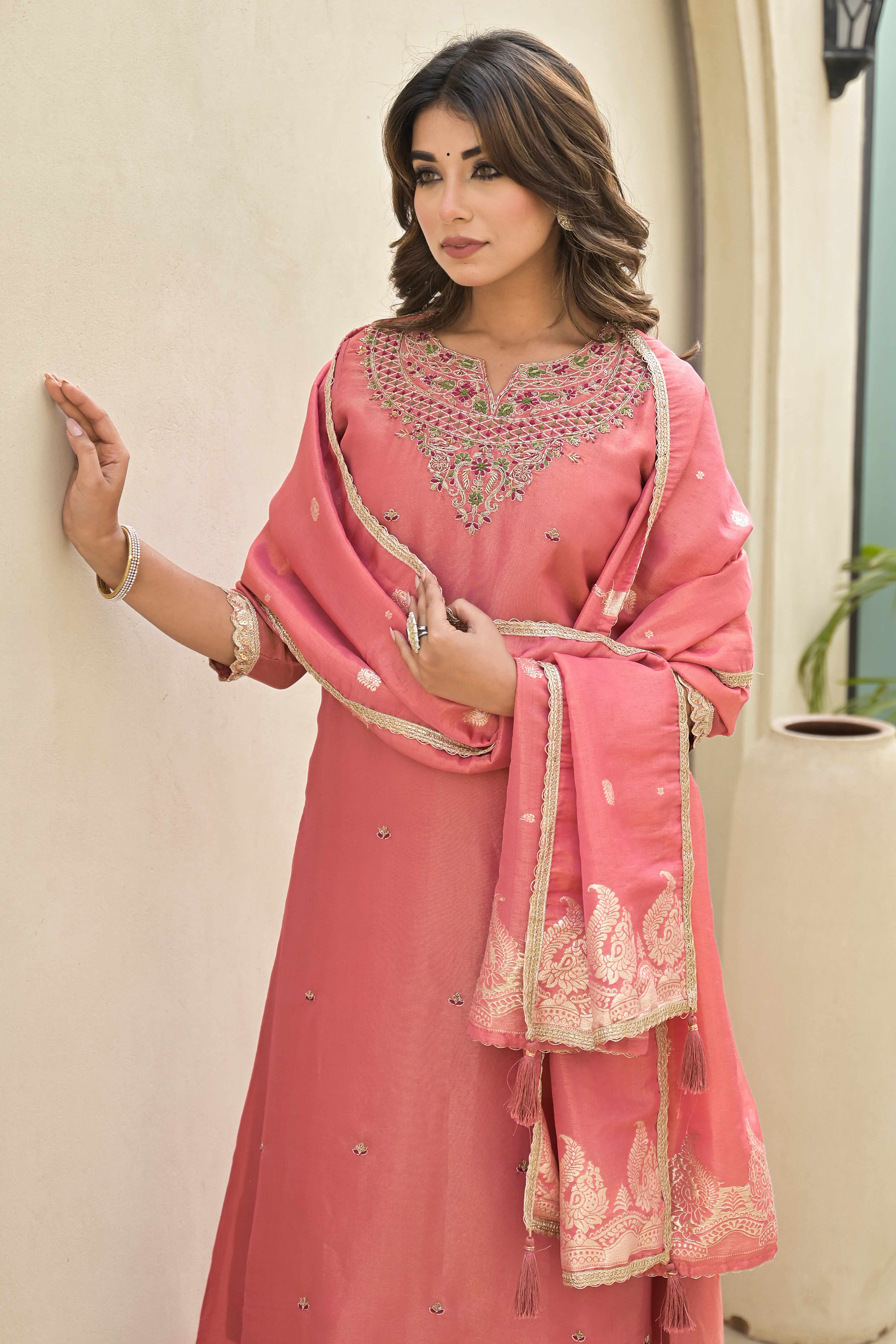 Peach Stone Work Embroidered Kanjivaram Silk Anarkali Salwar Suit