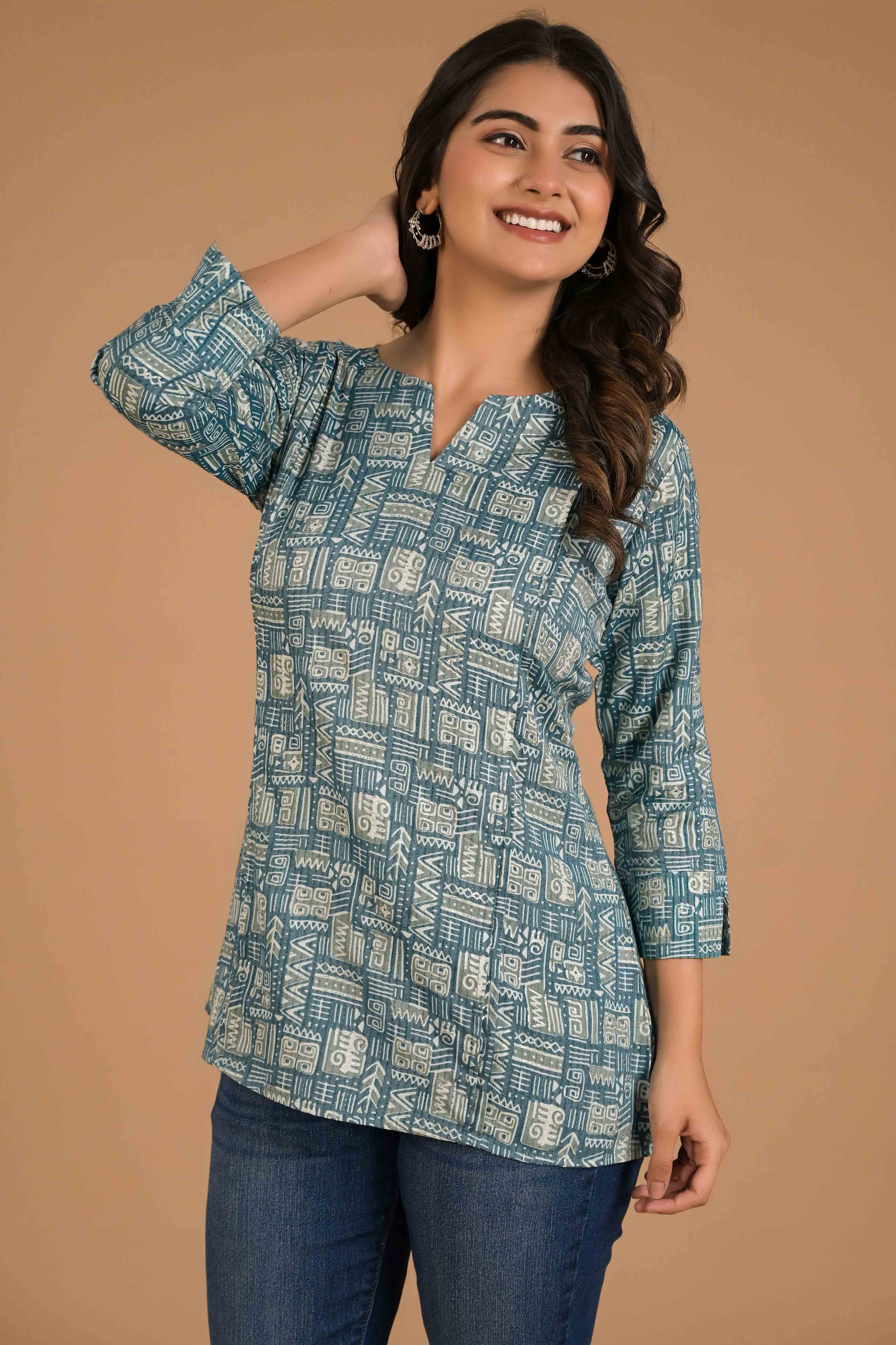 Blue Printed Pure Cotton Straight Top