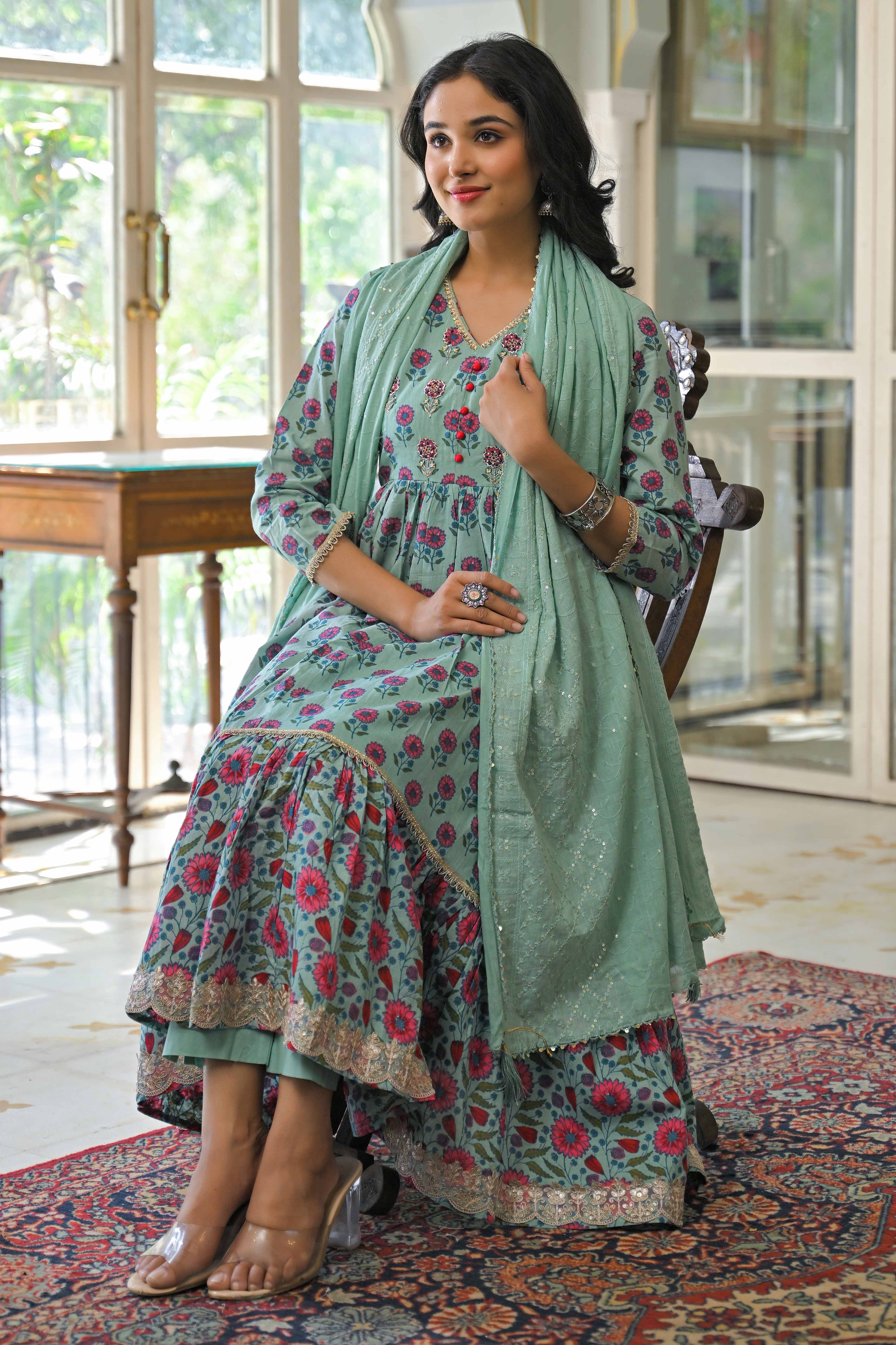 Mint Green Zardosi Work Floral Printed Pure Cotton Anarkali Salwar Suit