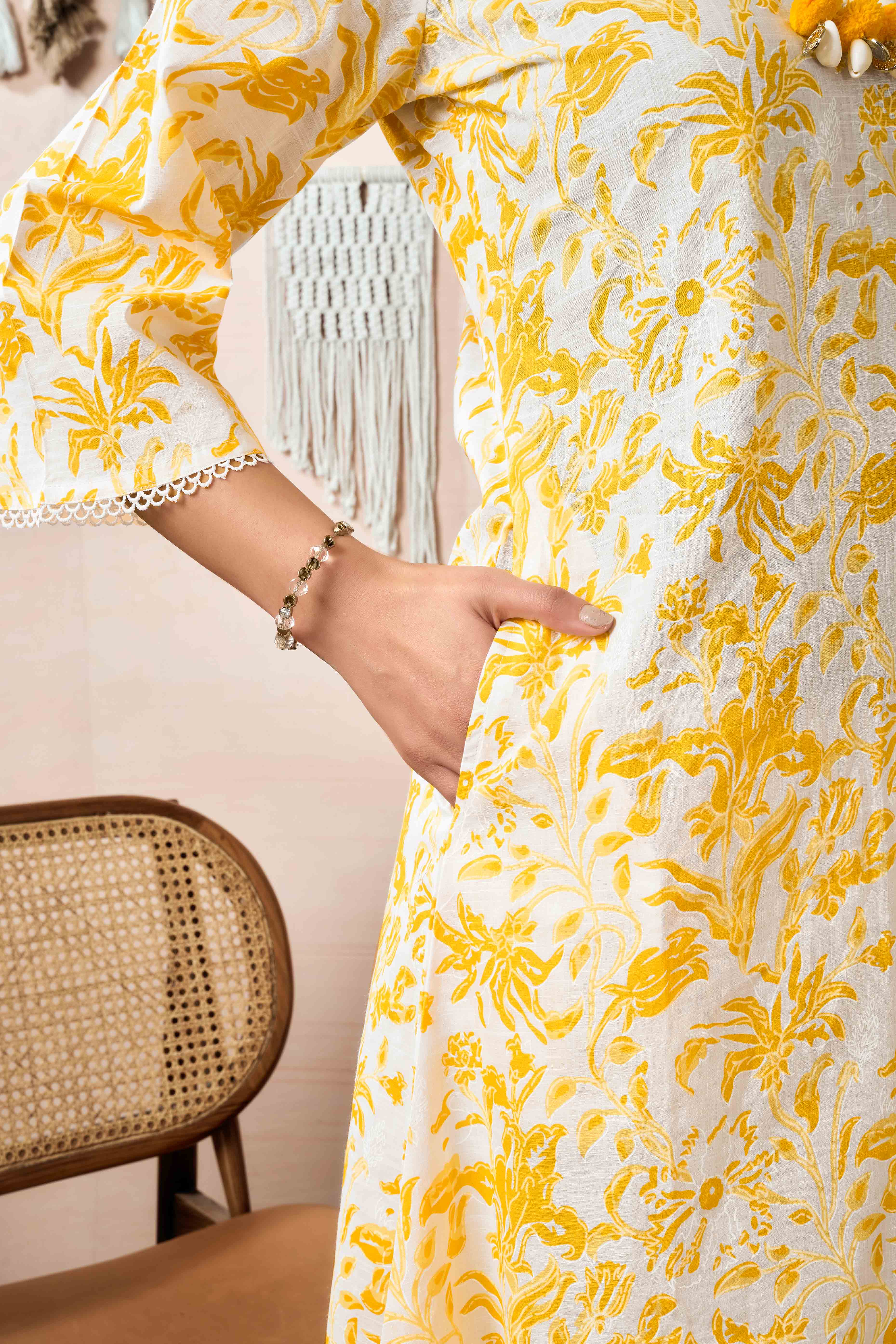 White & Mustard Floral Printed Pure Cotton A-Line Top Bottom Set