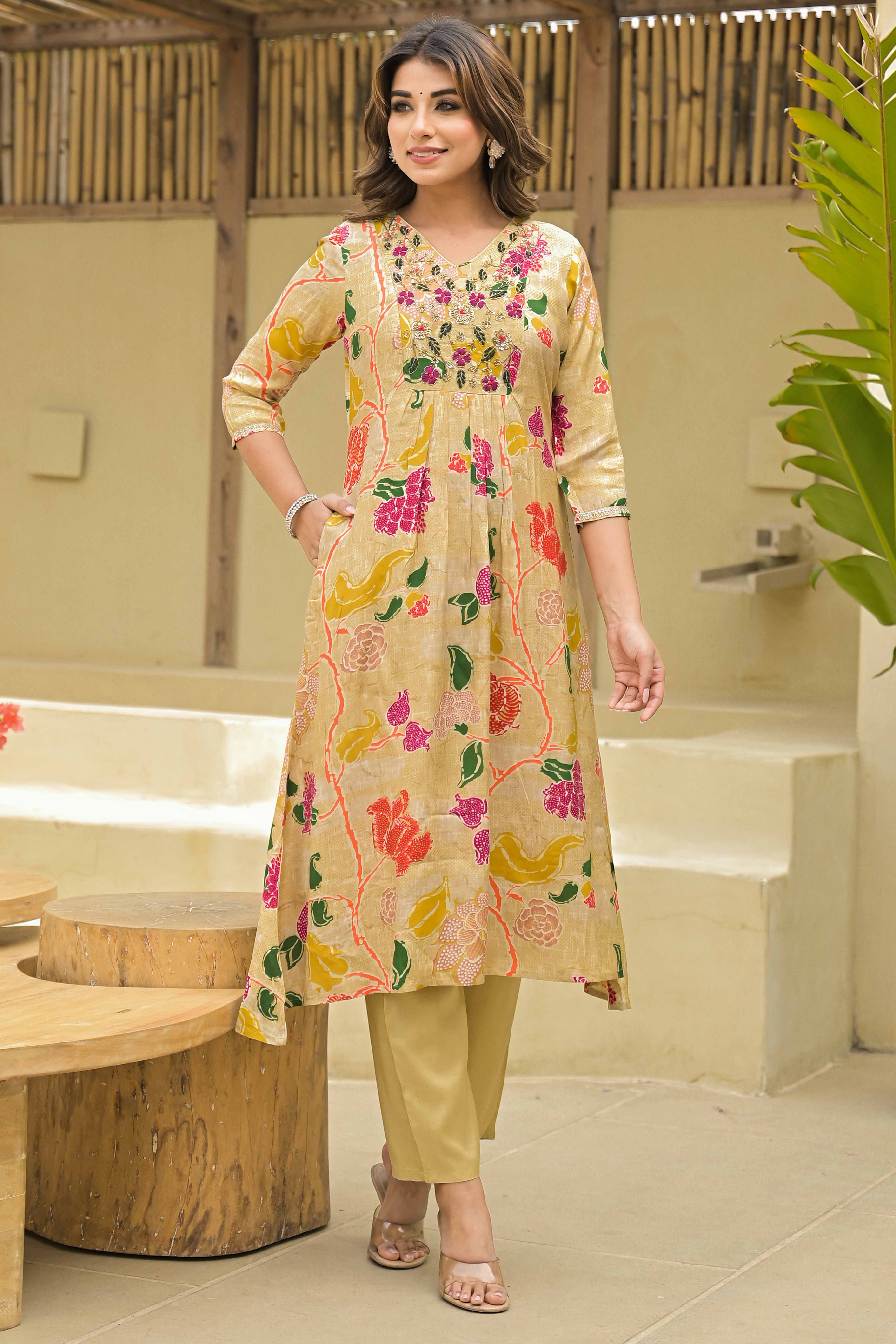 Chikoo Floral Printed Muslin Anarkali Style Salwar Suit With Hand Work