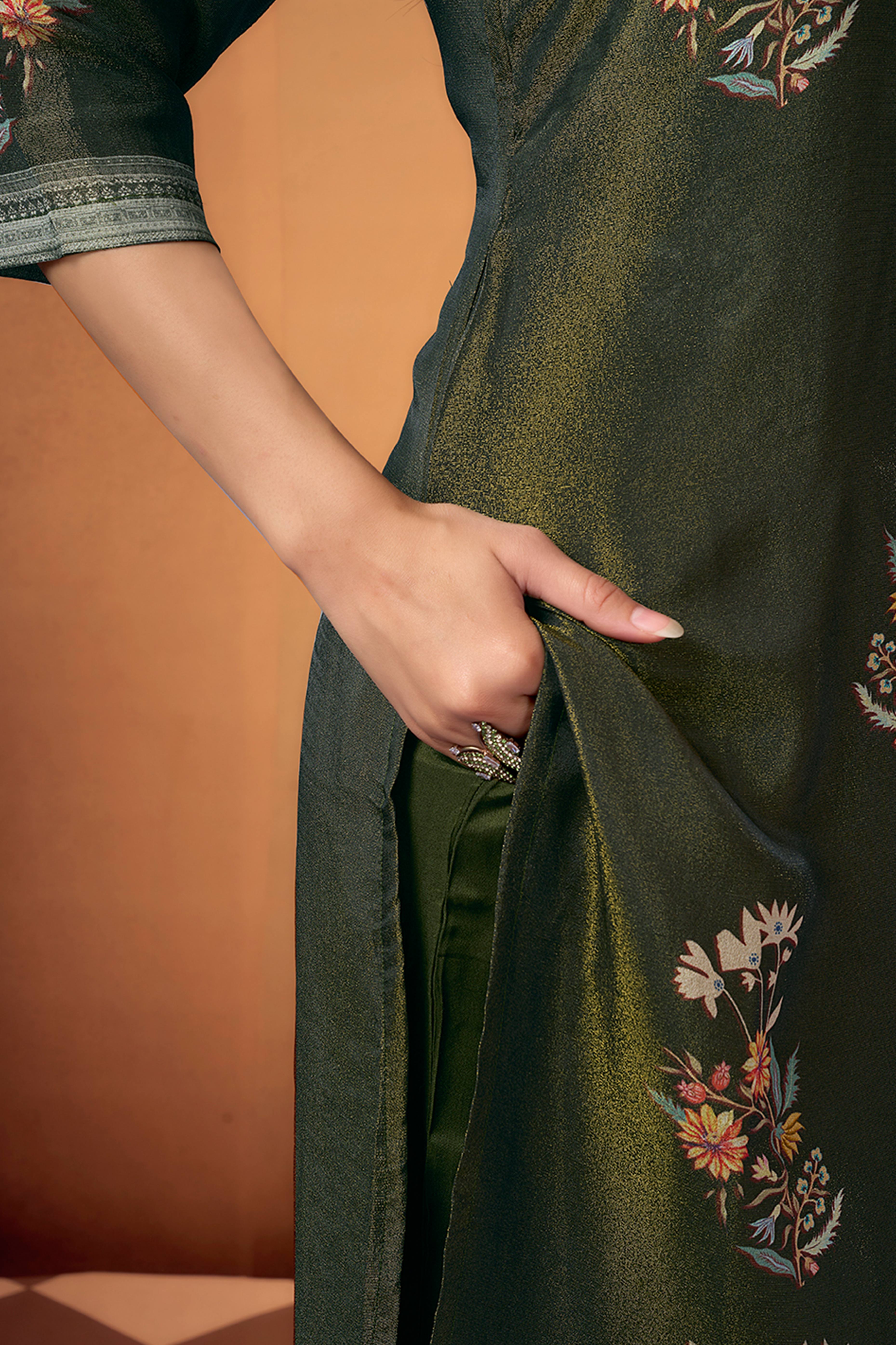 Dark Olive Floral Weaving Shimmer Straight Salwar Suit