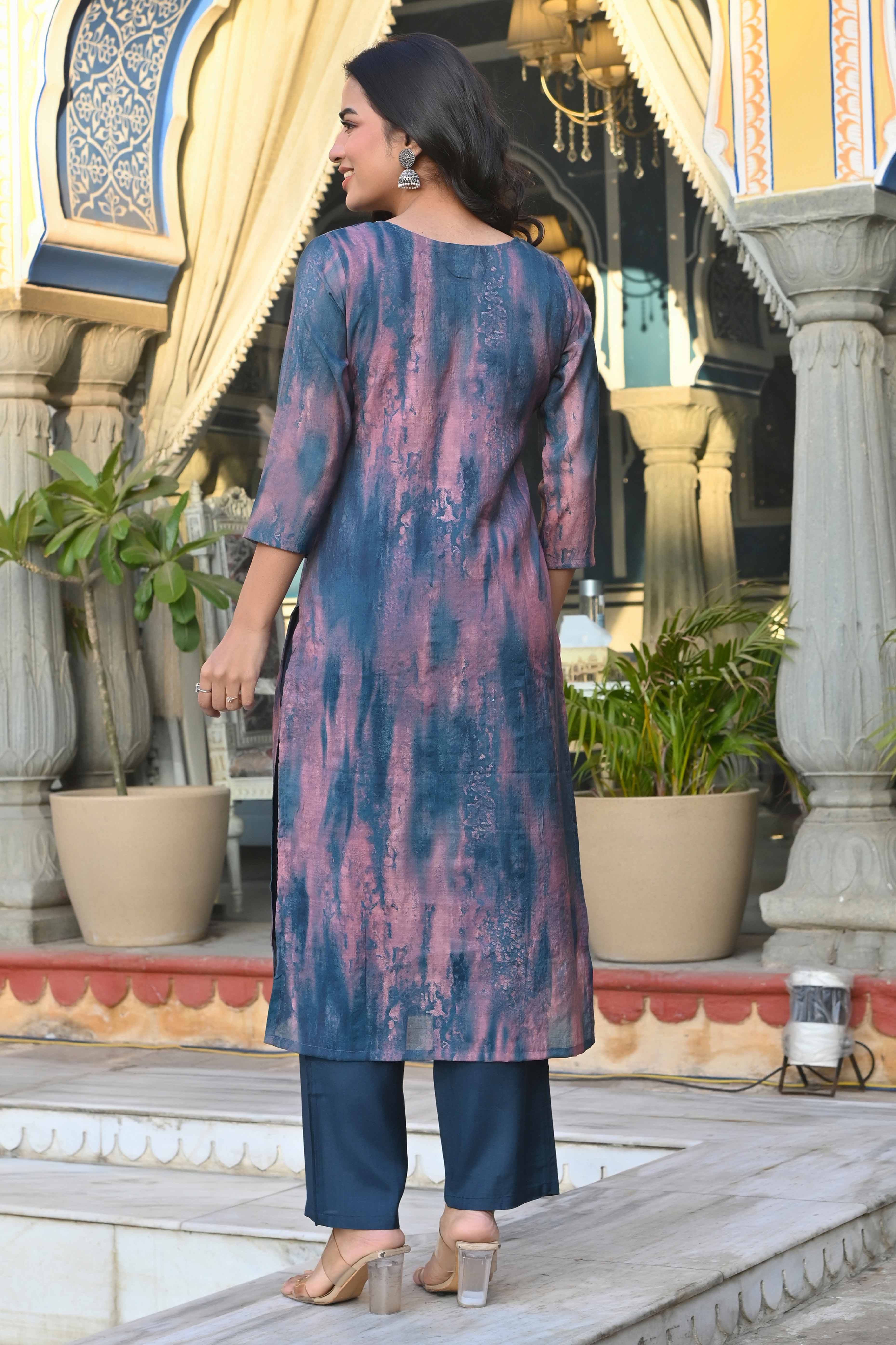 Blue Foil Printed Muslin Straight Salwar Suit