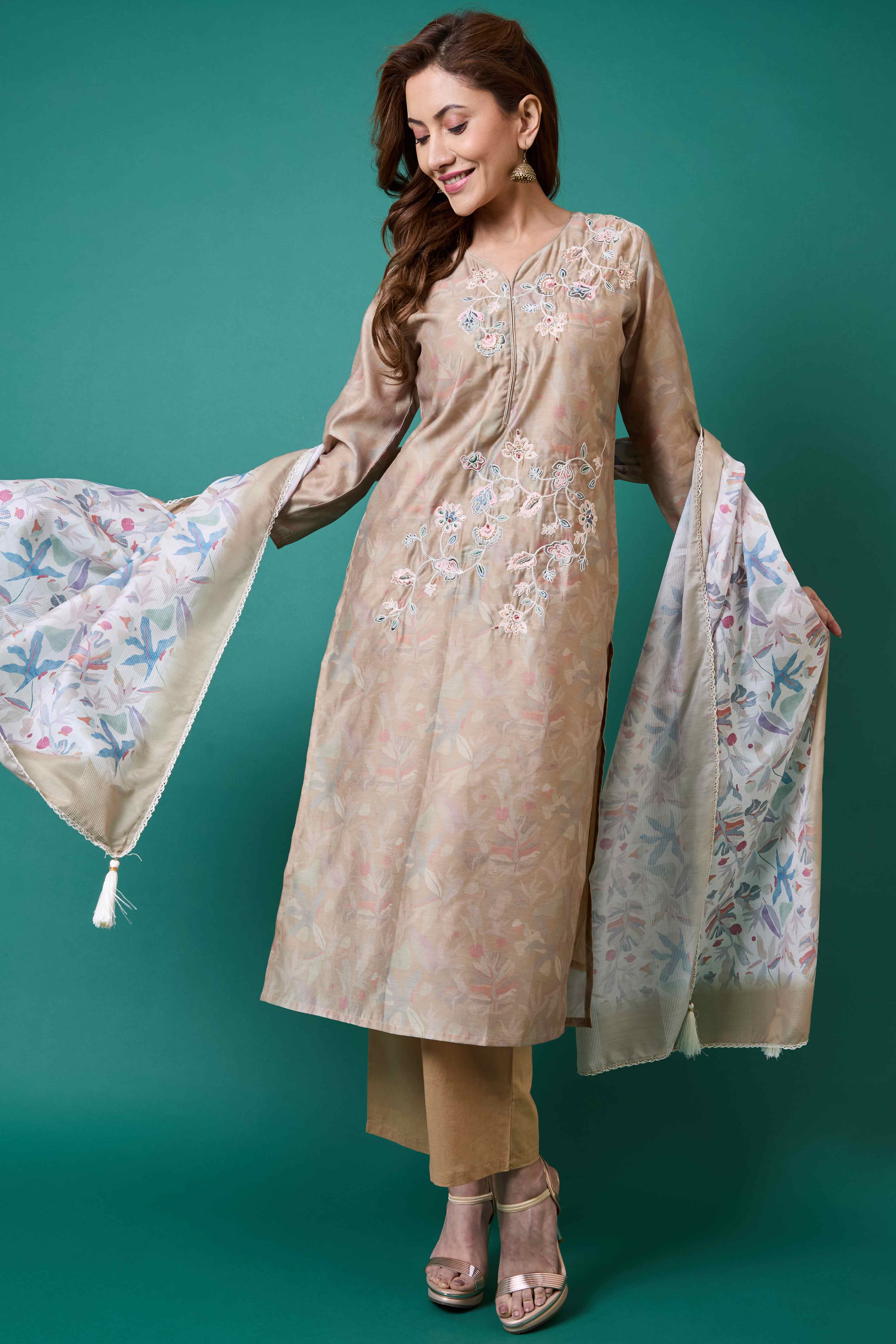 Light Olive Floral Embroidered Chanderi Silk Straight Salwar Suit