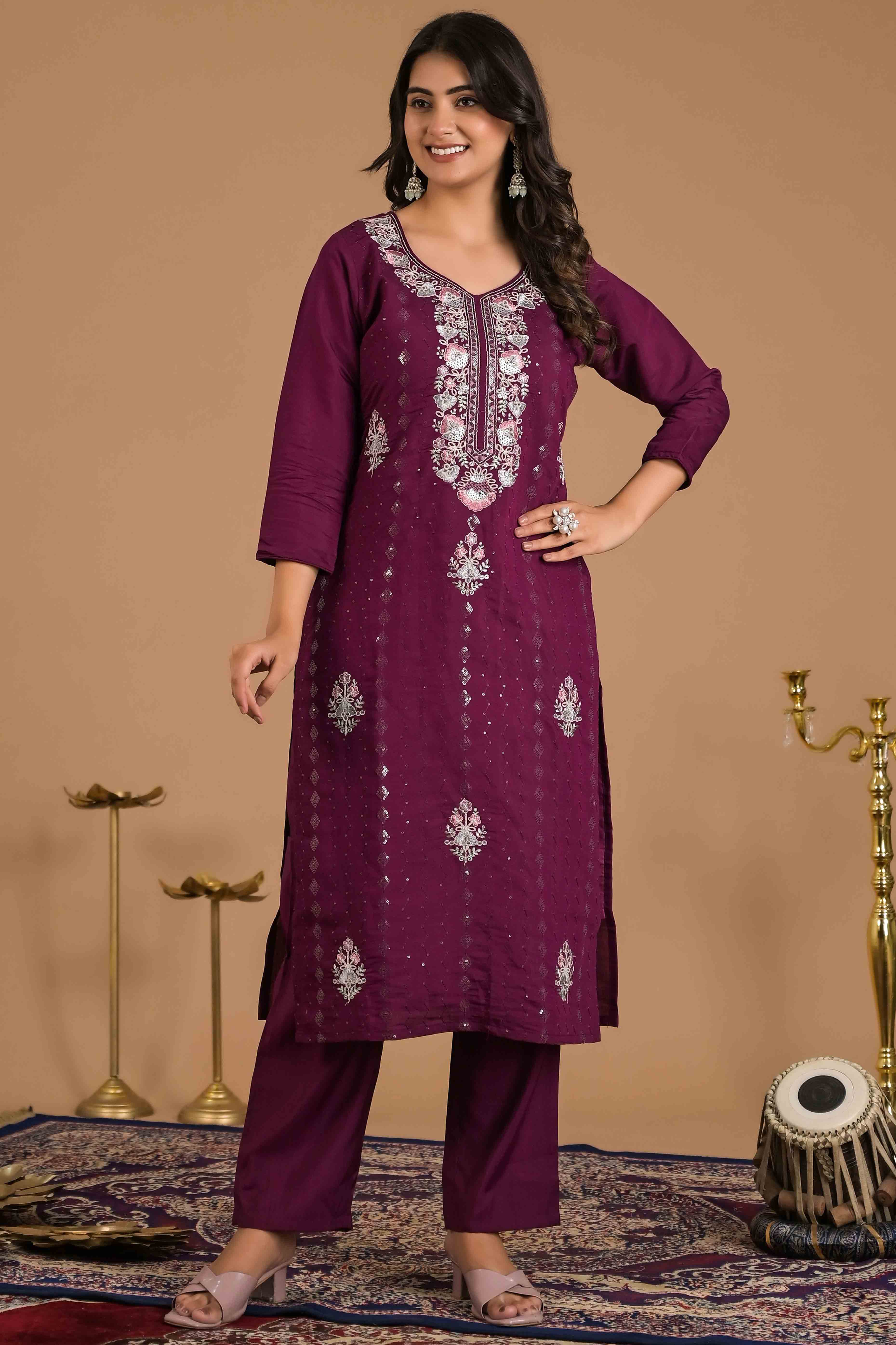 Imperial Purple Floral Embroidered Sequins Work Cotton Silk Straight Salwar Suit