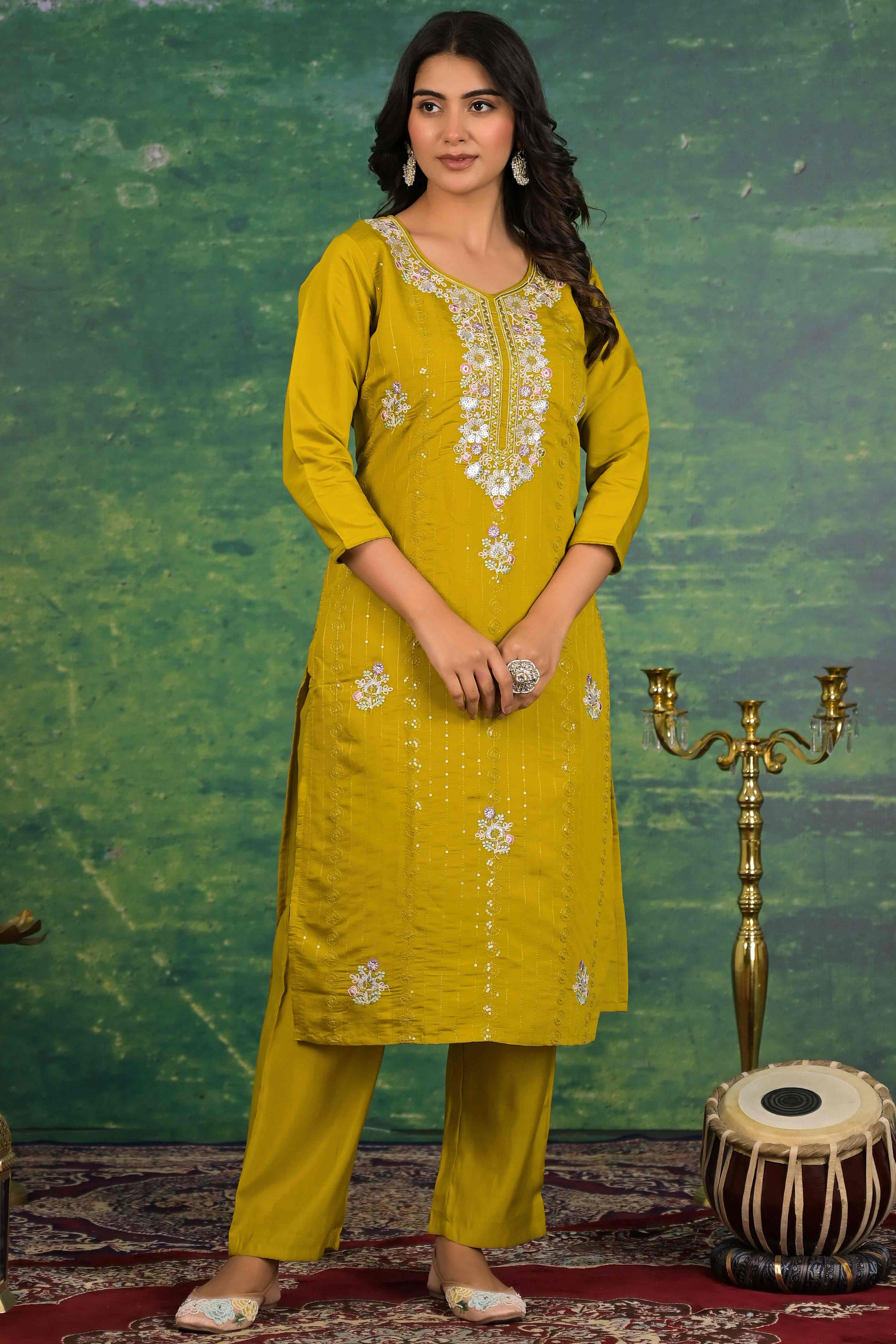 Mustard Floral Embroidered Sequins Work Cotton Silk Straight Salwar Suit