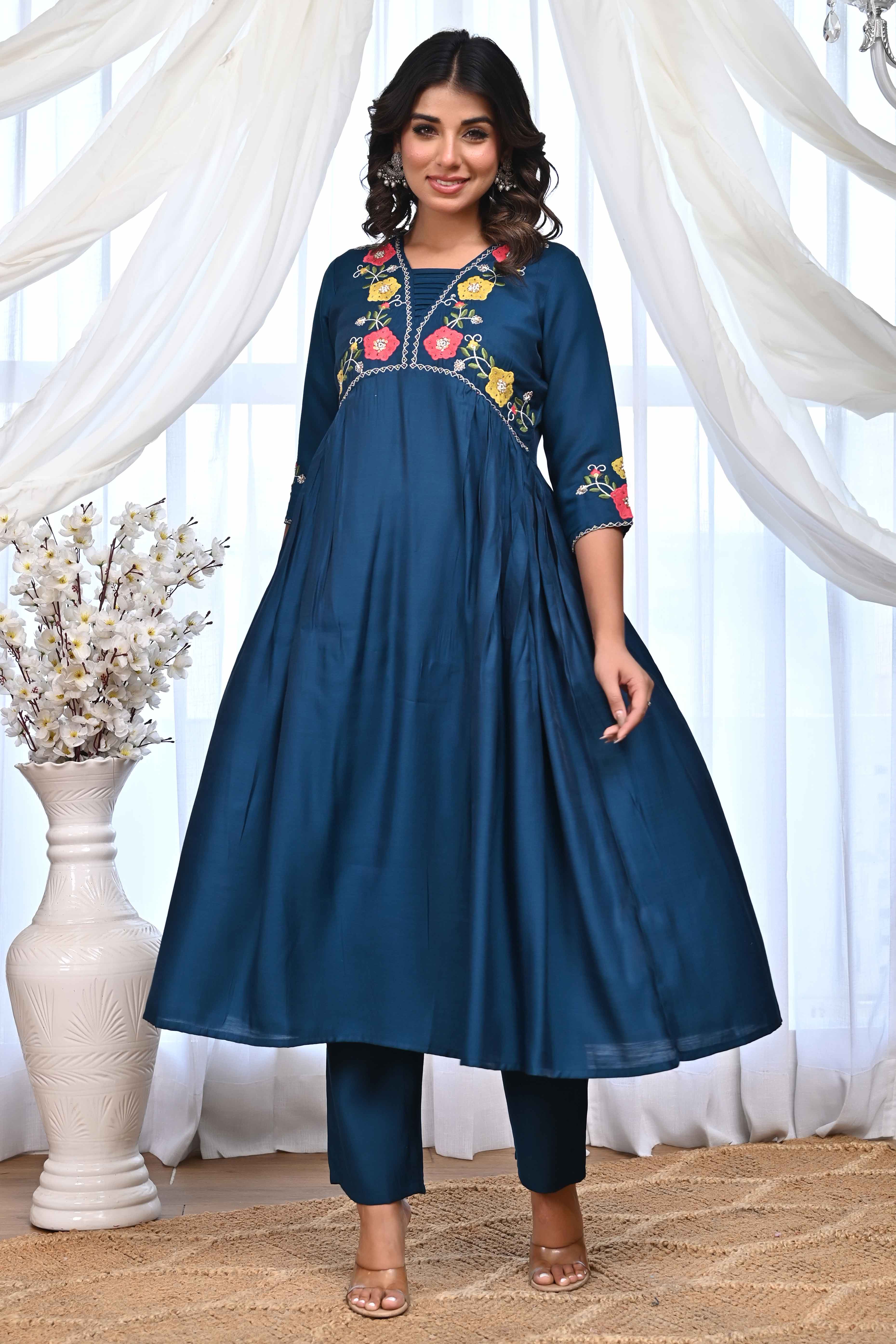 Blue Floral Embroidered A-Line Alia Cut Suit With Elegant Moti Handwork On Cotton Blend