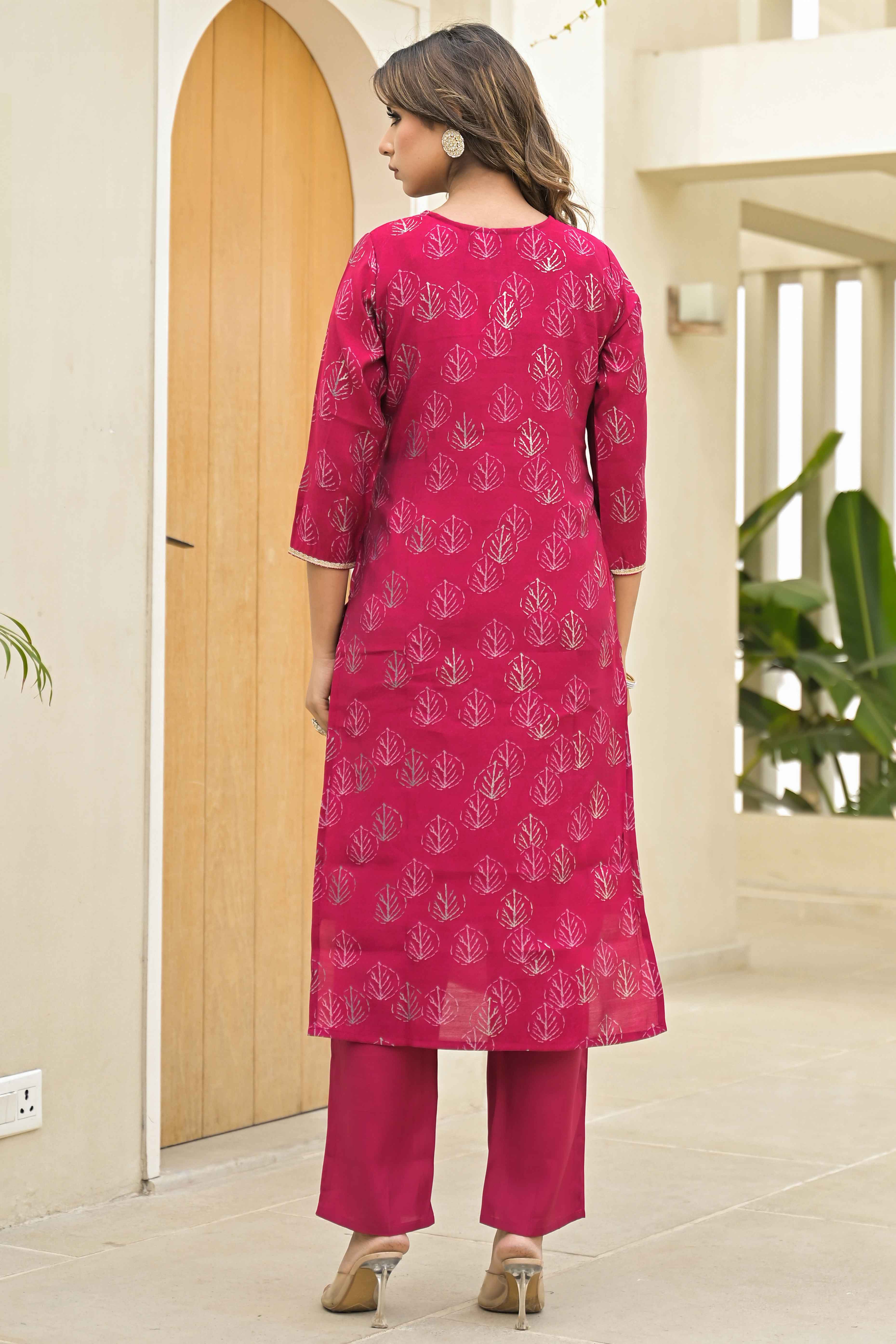 Pink Foil Printed Chanderi Straight Salwar Suit