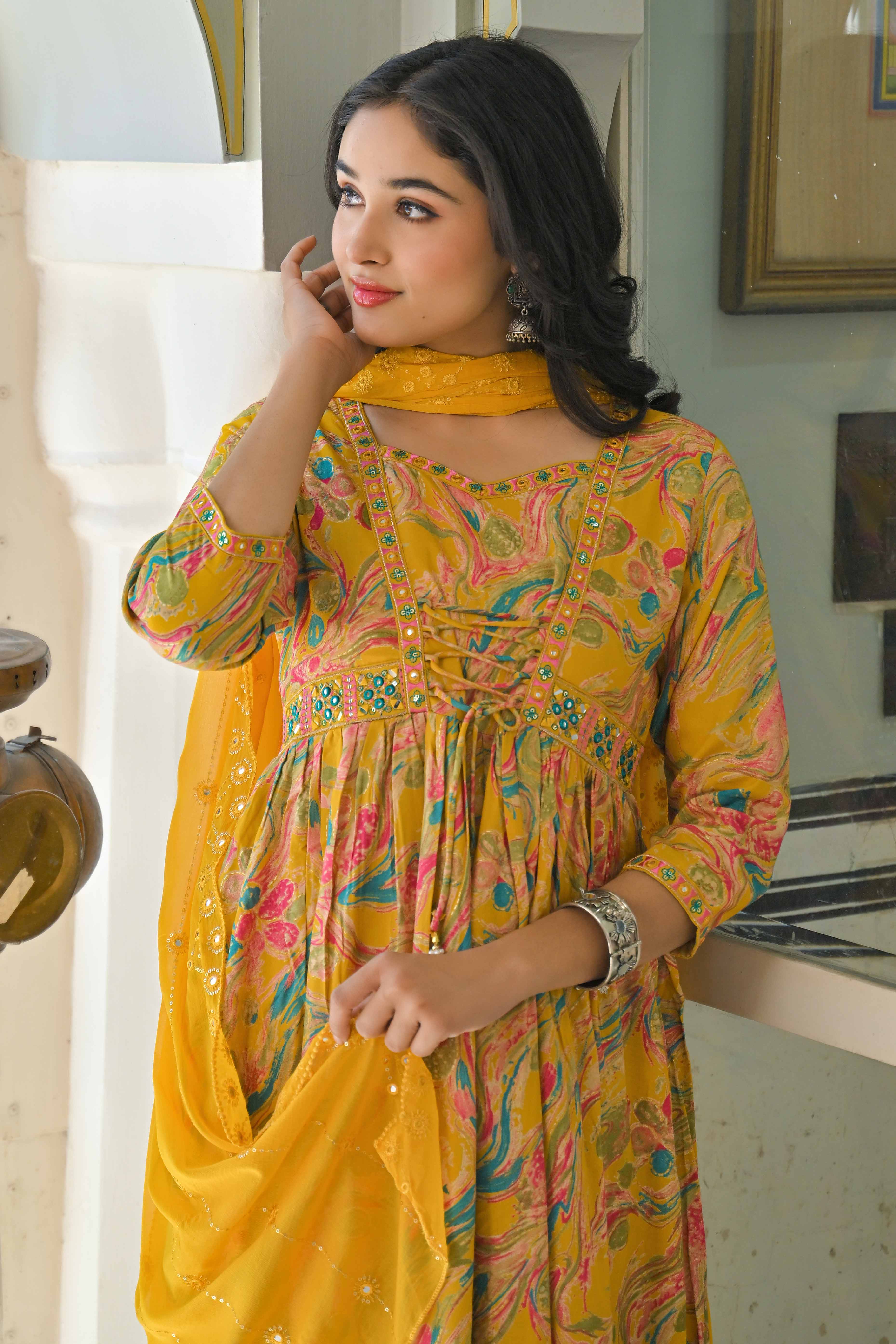 Mustard Floral Printed Rayon A-Line Salwar Suit