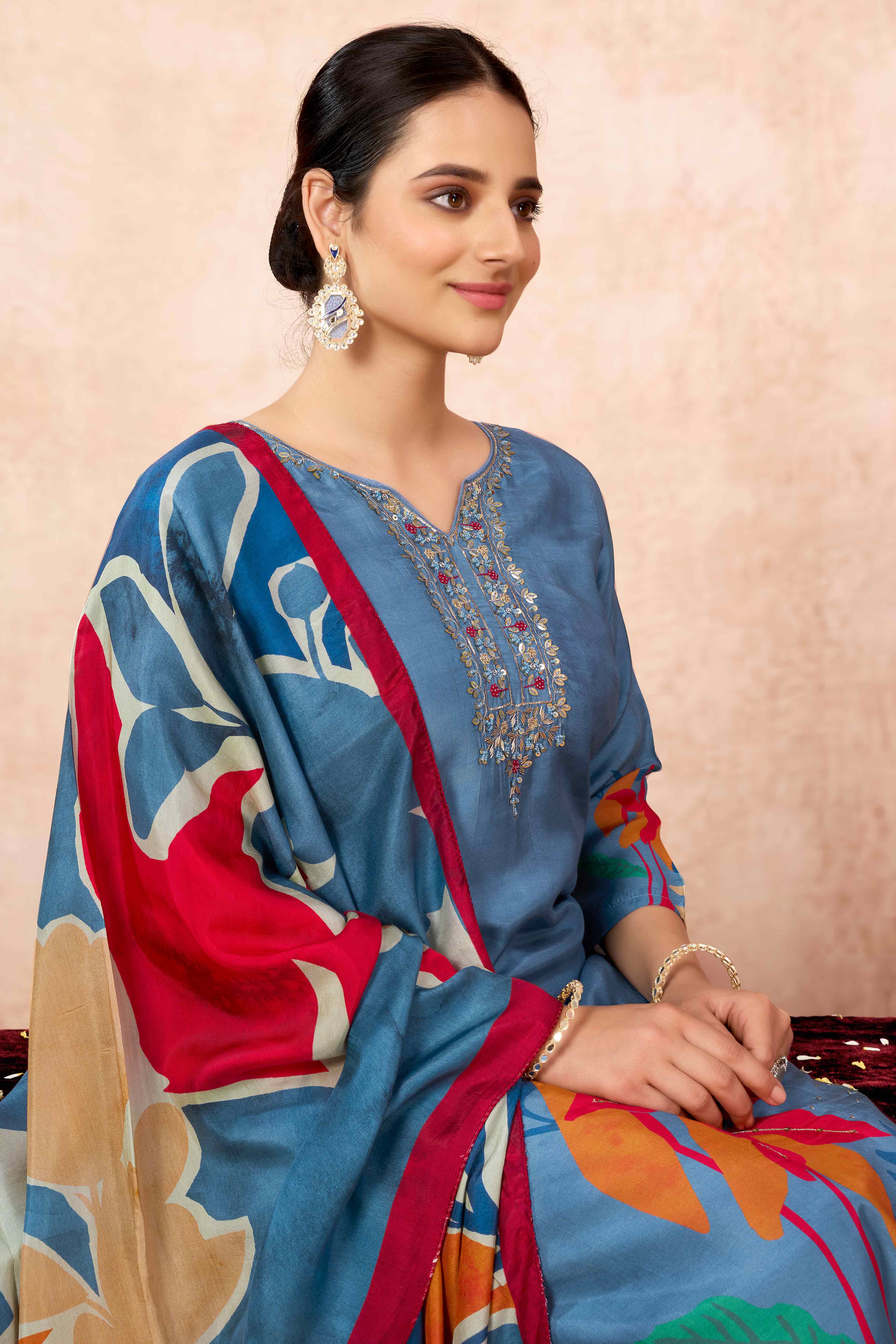Blue Floral Hand Embroidery With Printed Muslin Straight Salwar Suit