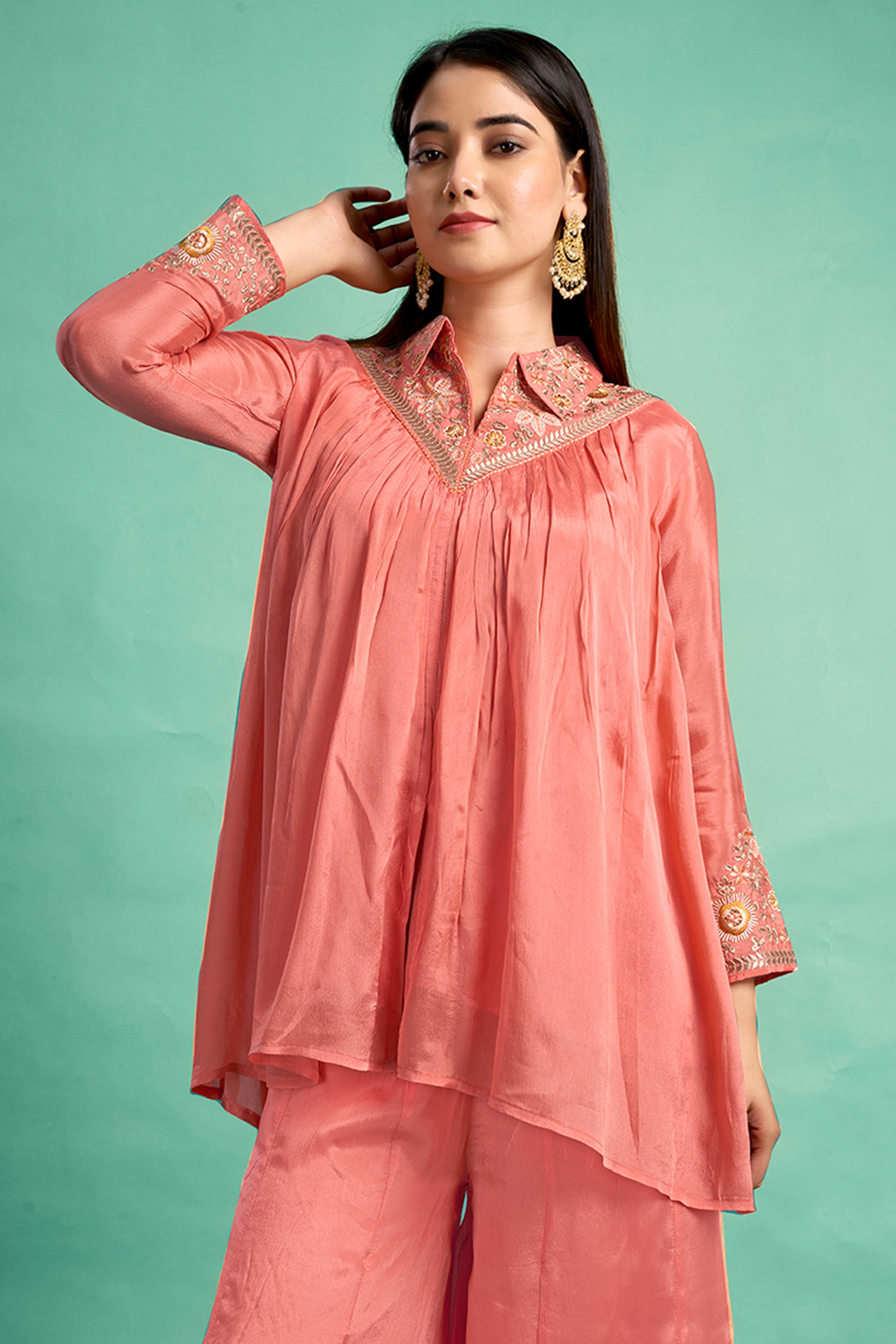 Peach Embroidered Chinon A-Line Co-Ord Set