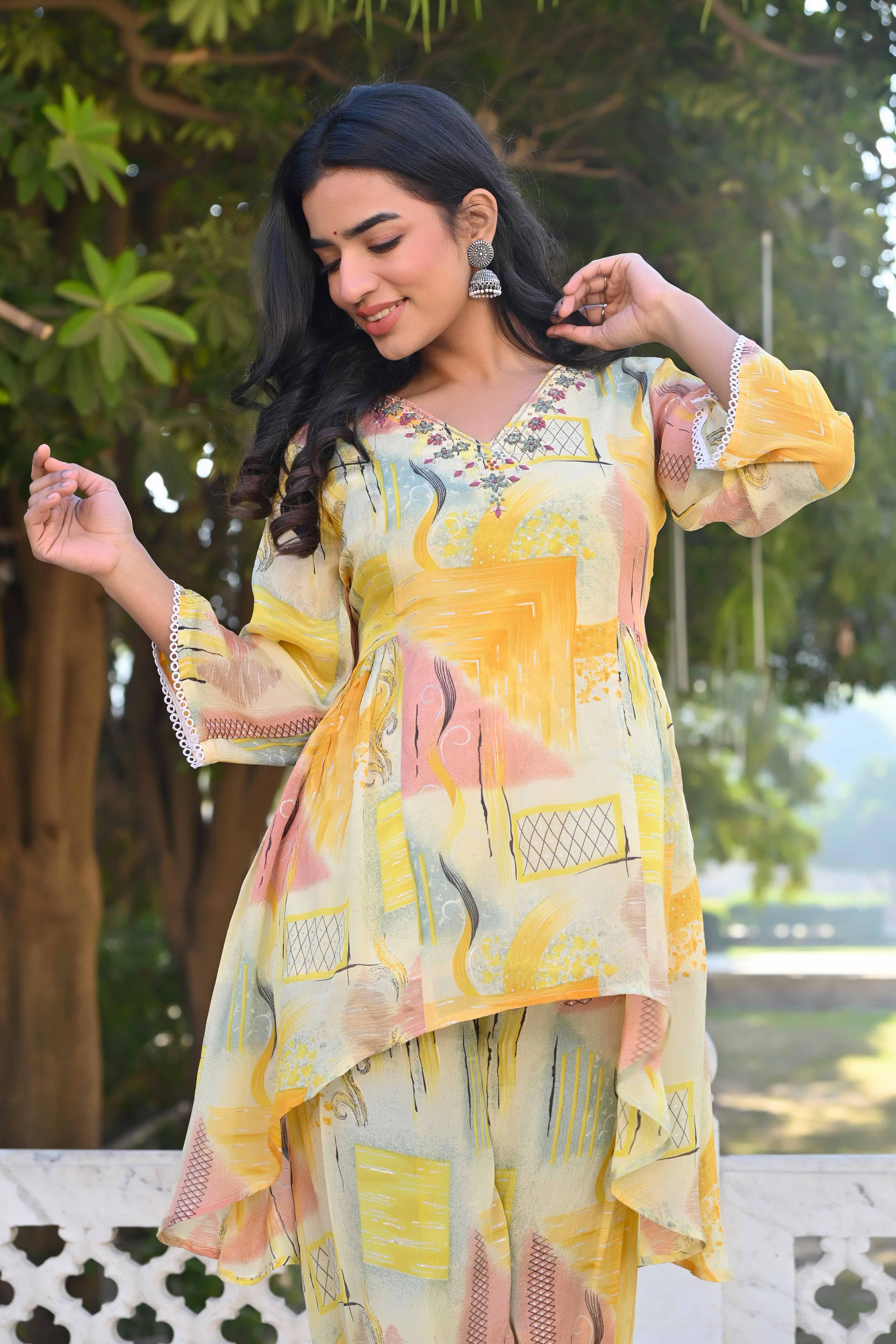 Cream & Yellow Printed With Embroidered Pure Chinon A-Line Co-Ord Set