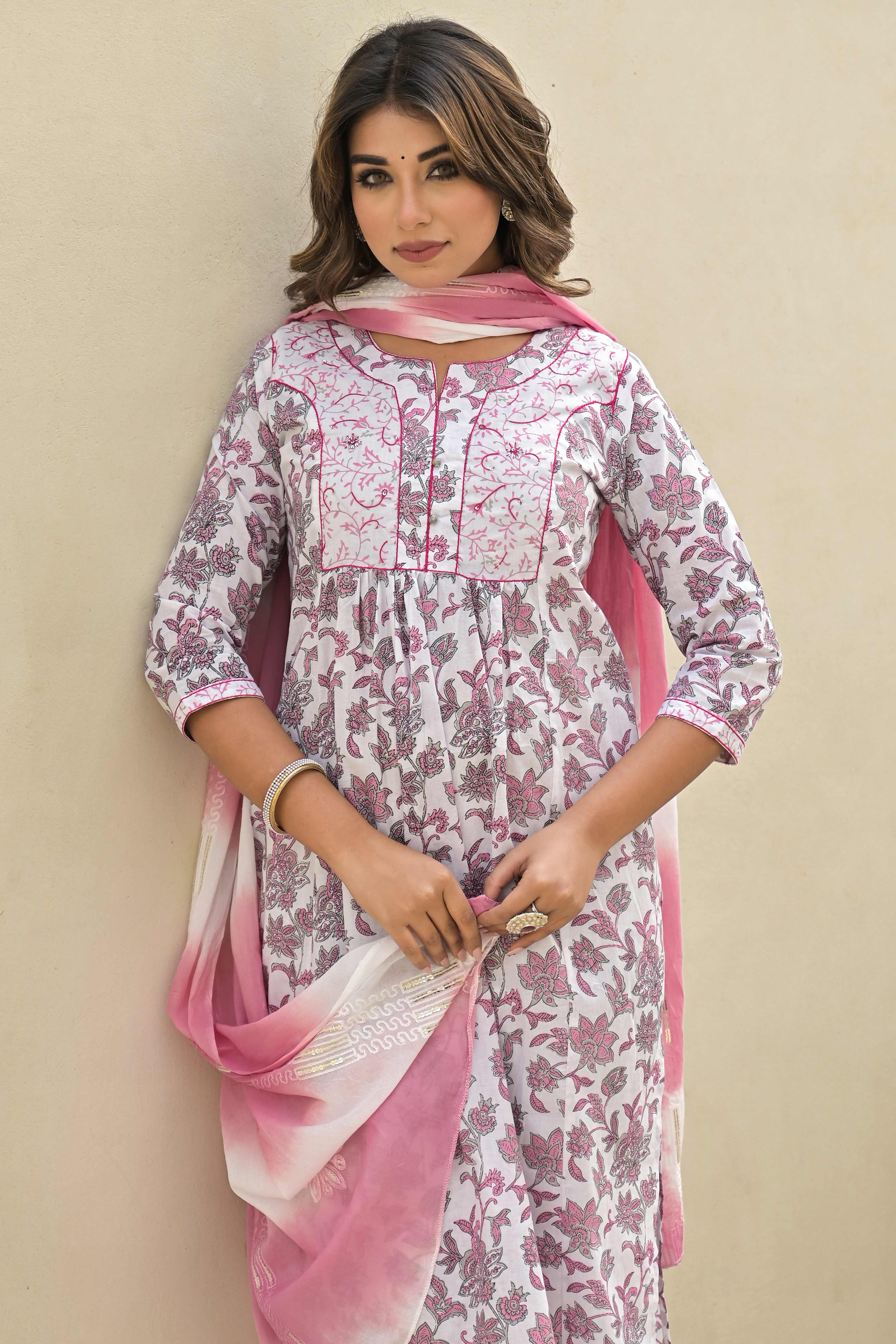 White & Pink Floral Printed Pure Cotton Naira Cut Salwar Suit