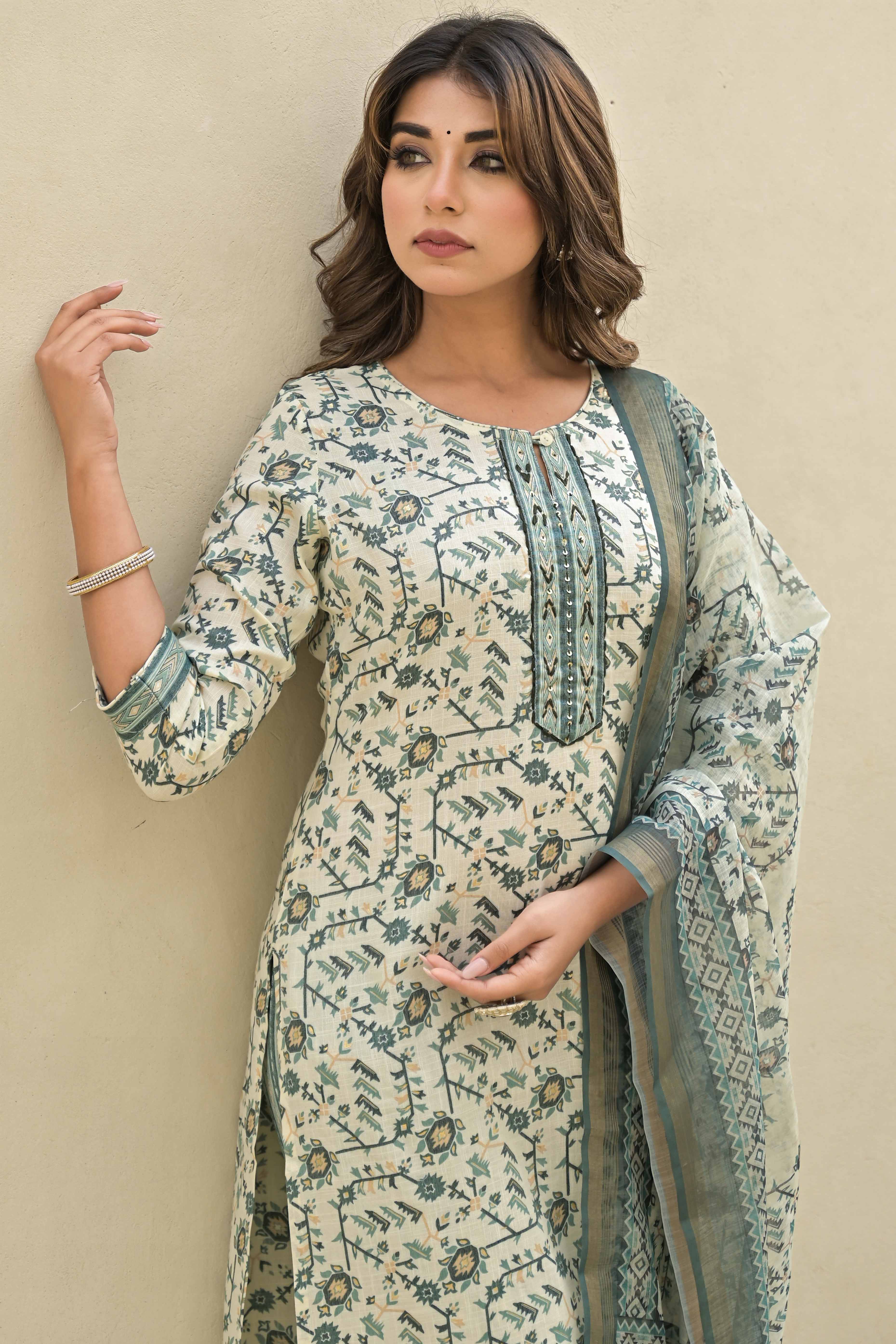 Sea Green Floral Printed Rayon Straight Salwar Suit