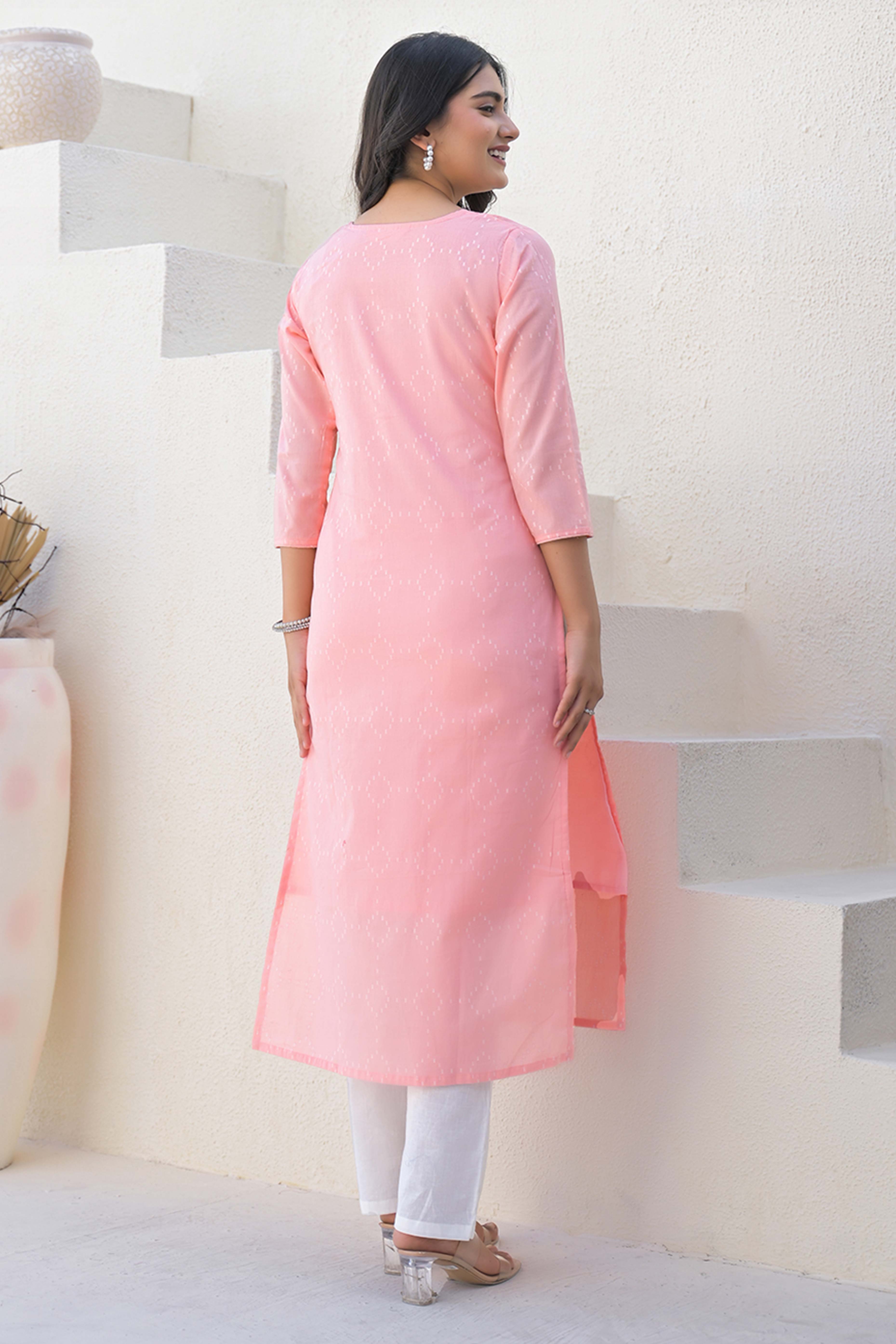 Peach Cotton Straight Kurti with Delicate Neck Embroidery