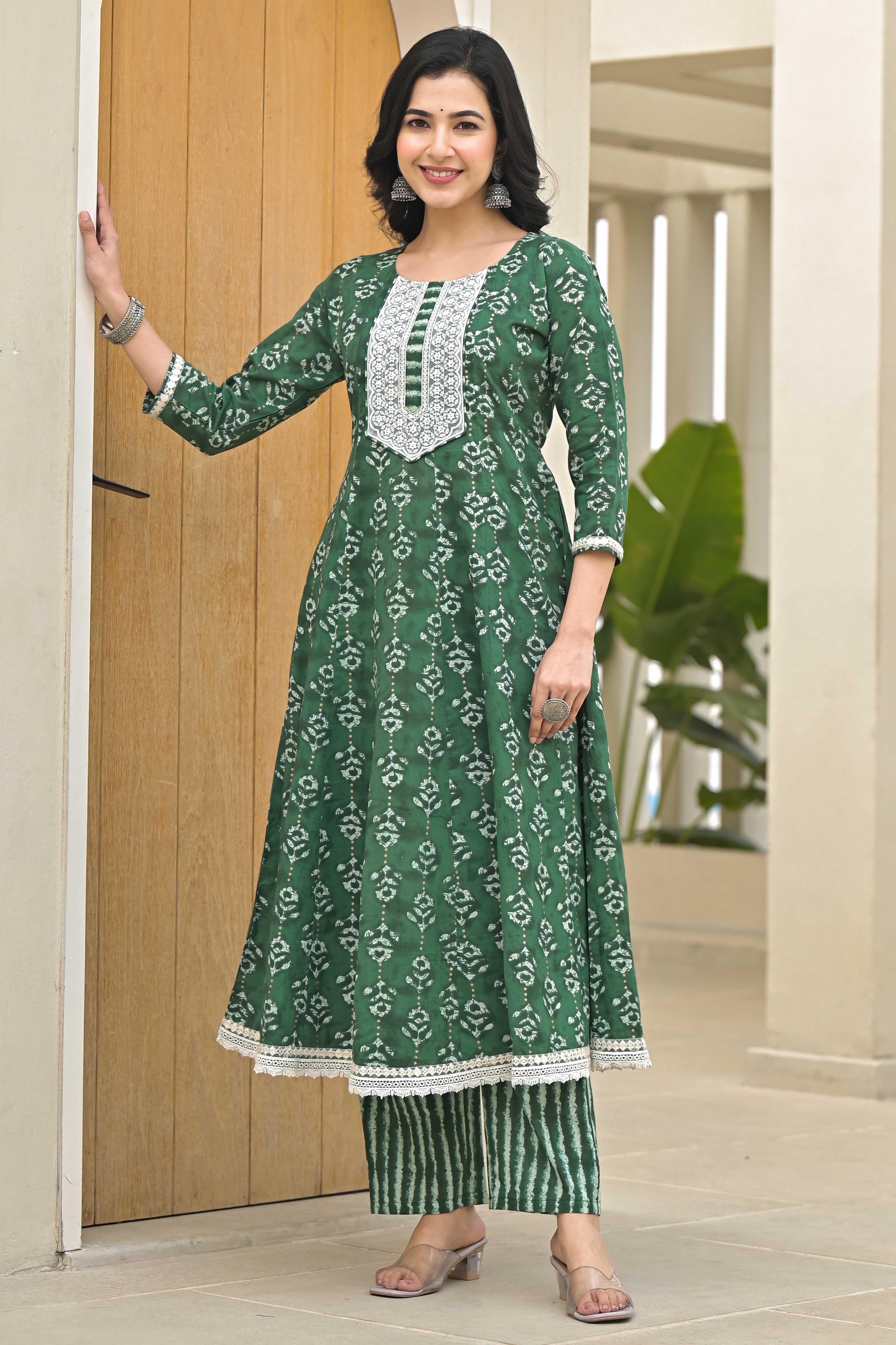Green Floral Printed Pure Cotton Anarkali Salwar Suit