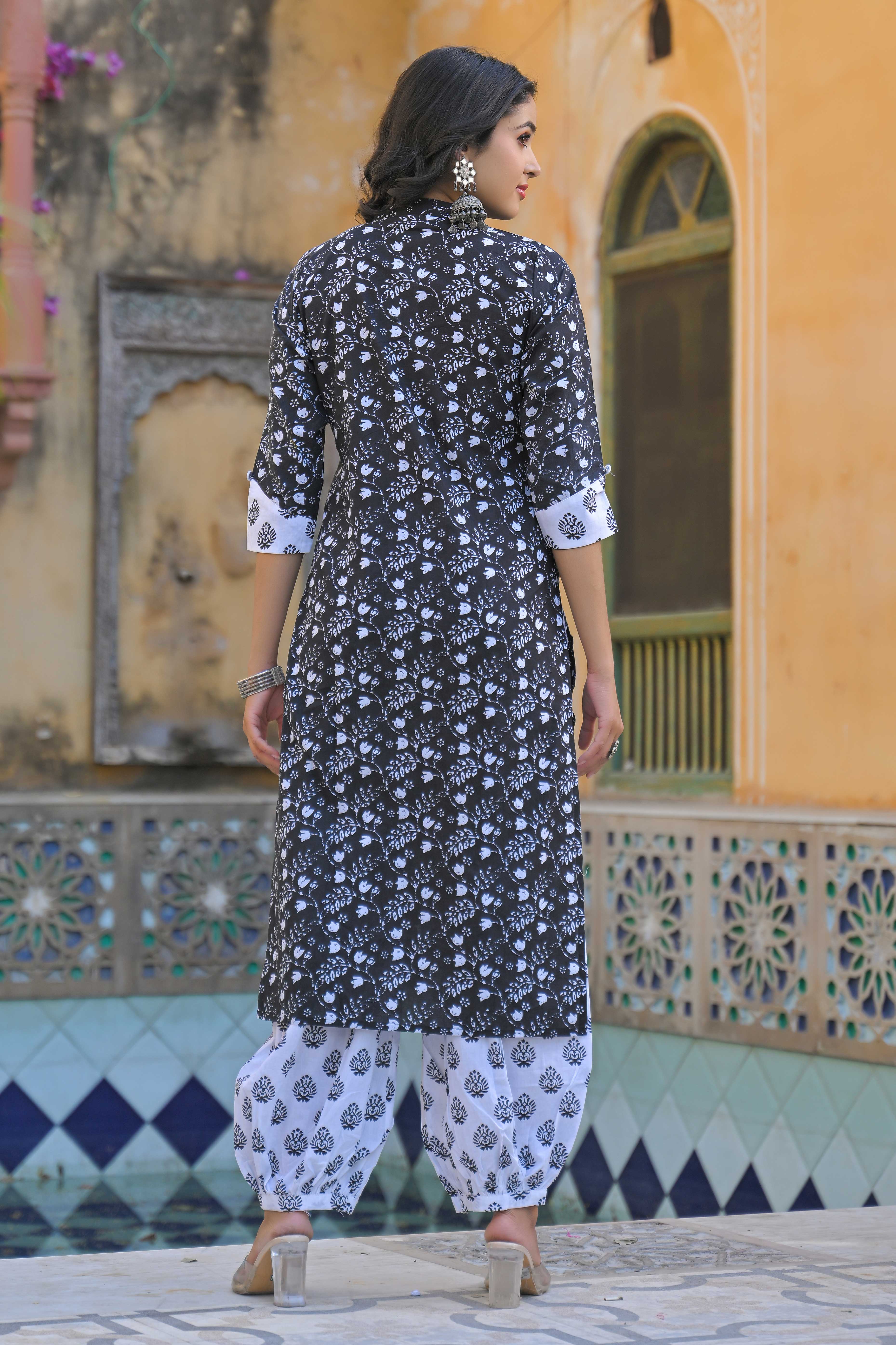 Black Floral Printed Pure Cotton Angrakha Salwar Suit